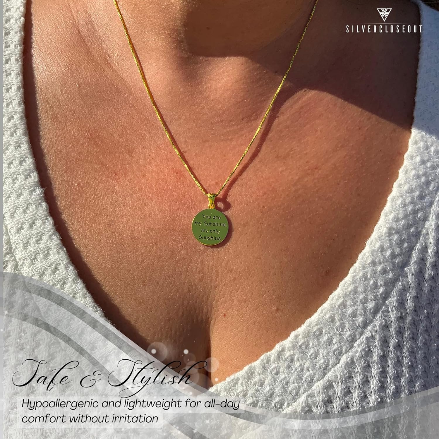 SILVERCLOSEOUT Yellow Gold Plated Sterling Silver You Are My Sunshine Necklace Happy Face Smiling Sun (Front) You are my Sunshine my only Sunshine (Back) Necklace Dainty Round Pendant
