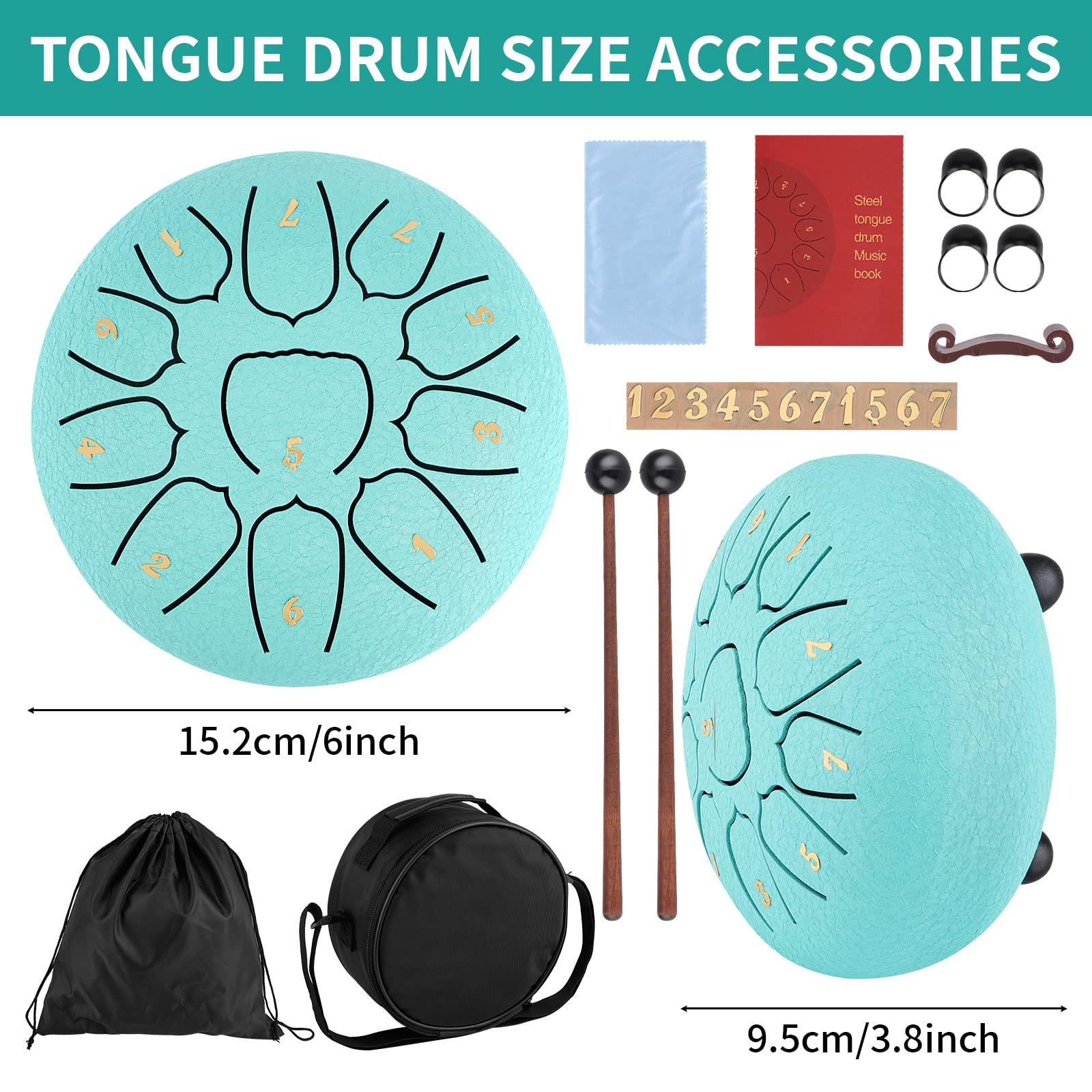 Tamburo a linguetta in acciaio da 6 pollici e 11 toni,Tamburi a fessura Strumento a percussione Handpan con bastoncini e borsa da viaggio per yoga, meditazione, allevia lo stress