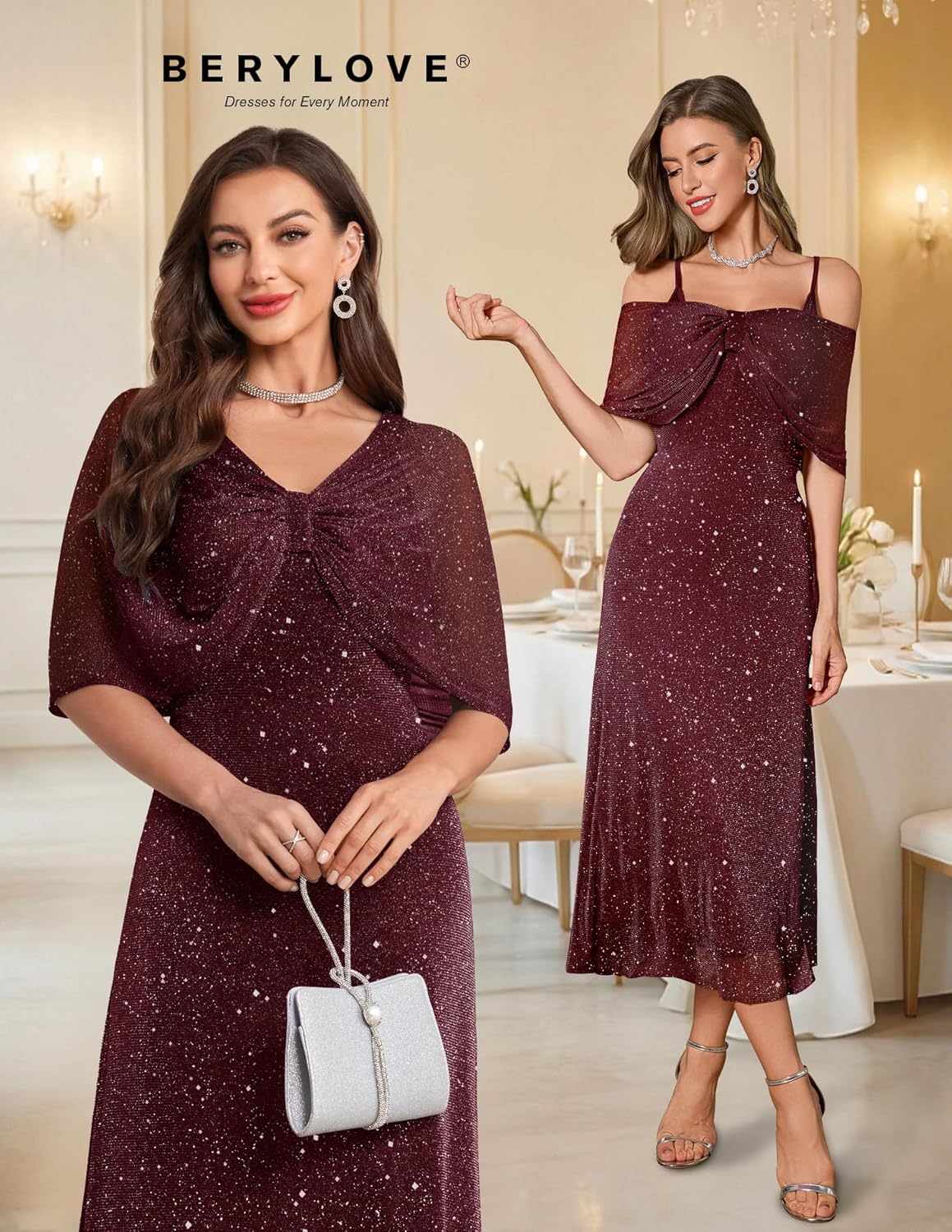 BeryLove Women Sequin Formal Party Dress Sparkly Cocktail Evening Prom Gown Wedding Guest Dresses with Shawl 0033 Burgundy L - Image 2