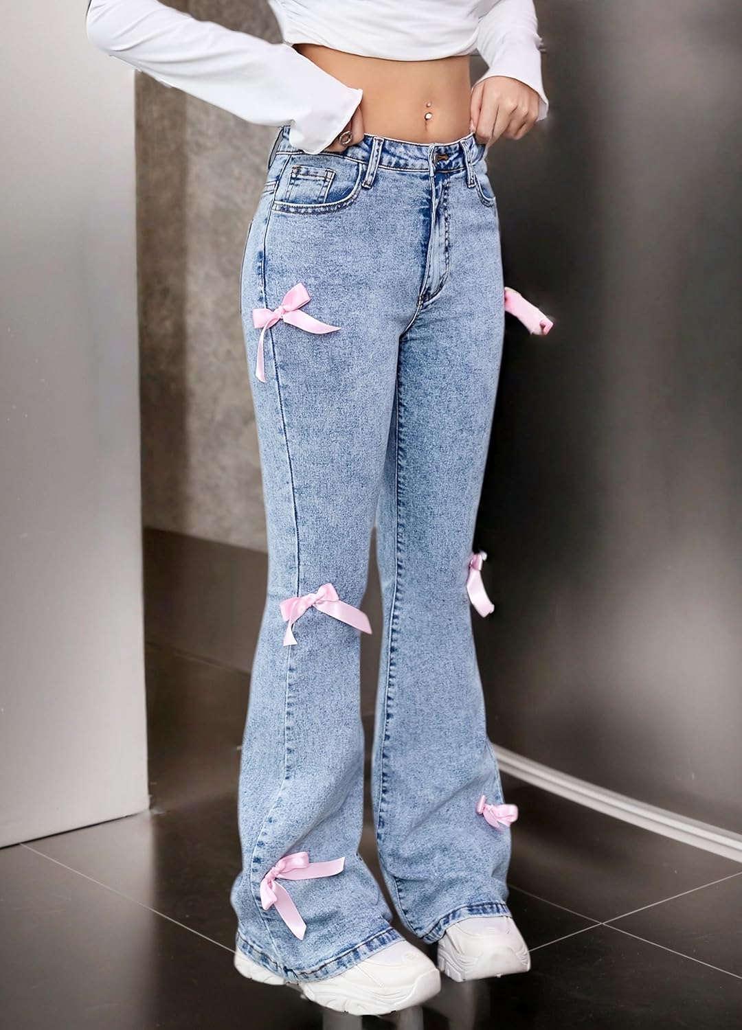 Bow Jeans for Girls Wide Leg Baggy Denim Pants Cute High Waisted Trousers Kids Casual Y2k Streetwear with Pockets 8-16Y - Image 2