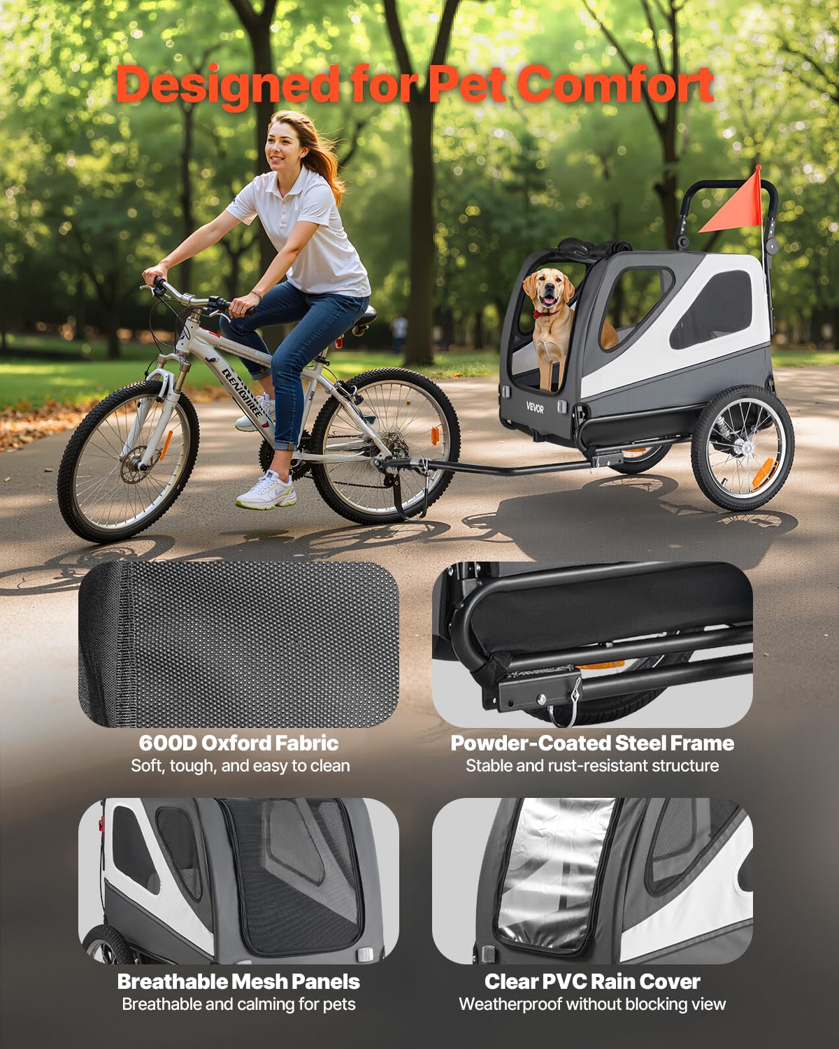 VEVOR Remorque de Vélo Chien Pliable ChargePoussette Animaux de CompagnieFacile à Plier avec Roues à Dégagement Rapide, Coupleur de Vélo Universel, Réflecteurs, Drapeau,