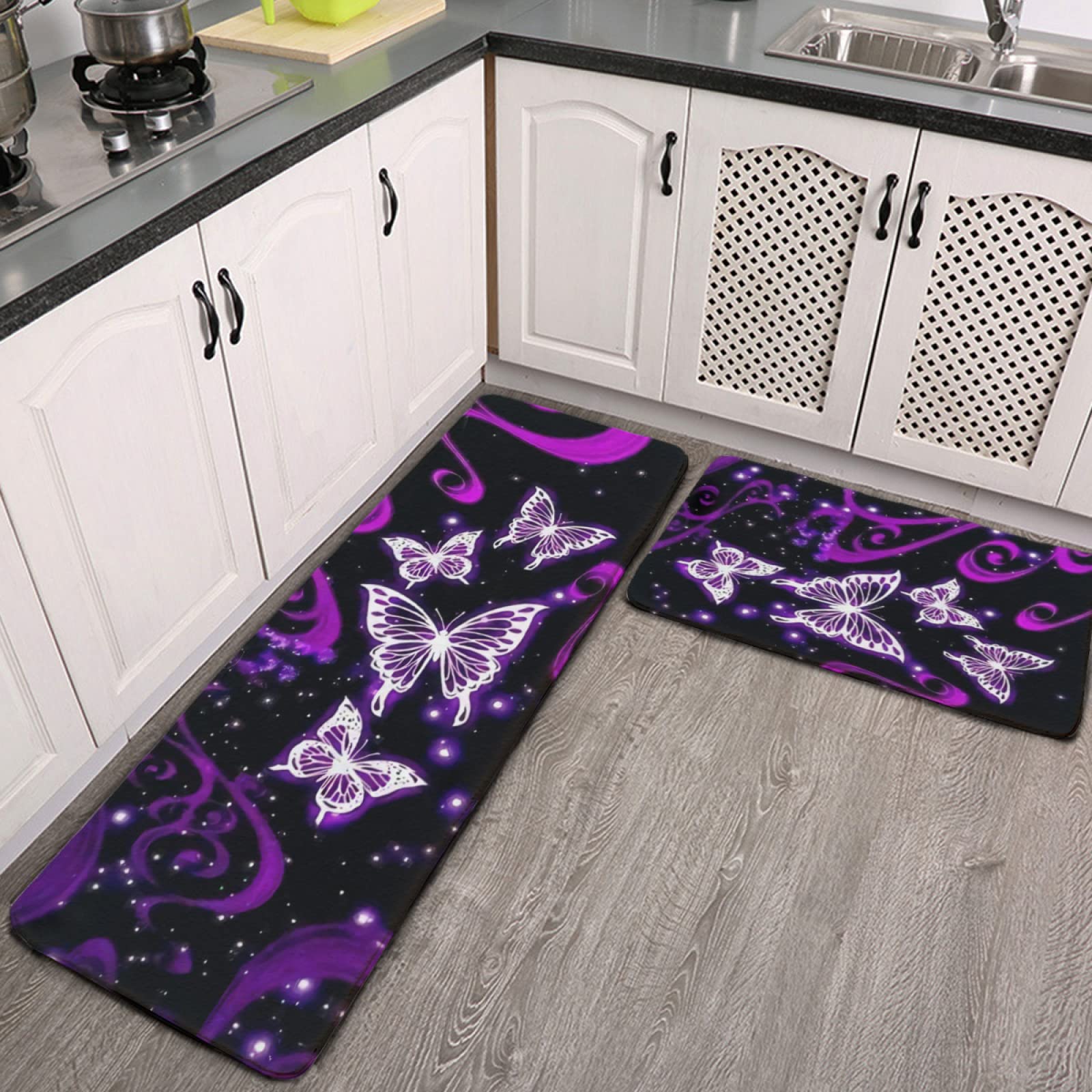 YouTary Purple Butterfly Geography Kitchen Rug Set 2 PCS Floor Mats Washable Non-Slip Soft Flannel Runner Rug Doormat Carpet for Floor Home Bathroom, 17