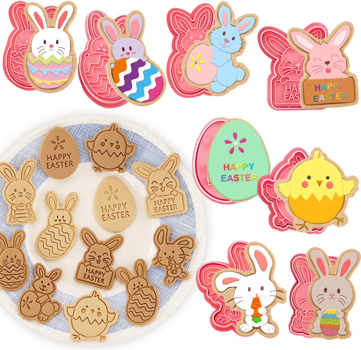 Partywind 8 Styles Easter Bunny Cookie Cutters, Easter Biscuit Fondant Pastry Cookie Cutter Stamps for Baking, Fun Cookie Cutters Shapes with Bunny Egg Carrot for Party Decorations