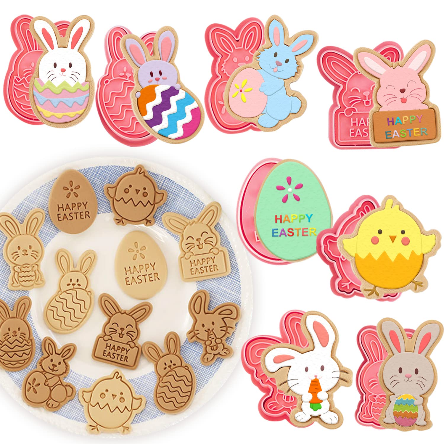 Partywind 8 Styles Easter Bunny Cookie Cutters, Easter Biscuit Fondant Pastry Cookie Cutter Stamps for Baking, Fun Cookie Cutters Shapes with Bunny Egg Carrot for Party Decorations