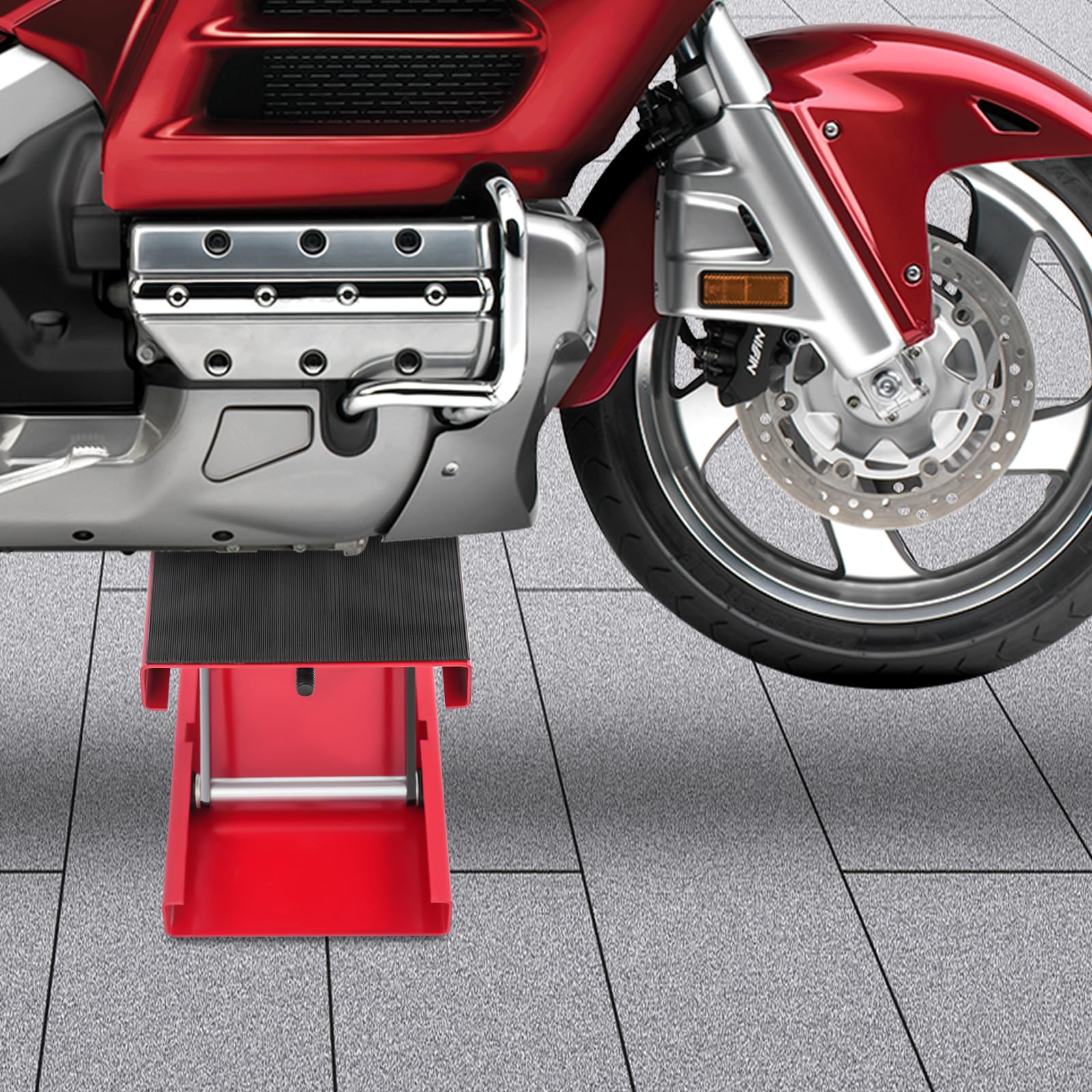 Cric élévateur de moto réglable en hauteur 9,3 à 35 cm - Charge maximale 500 kg - Pont élévateur de moto pliable pour changement de pneus et entretien avec plate-forme antidérapante (rouge)