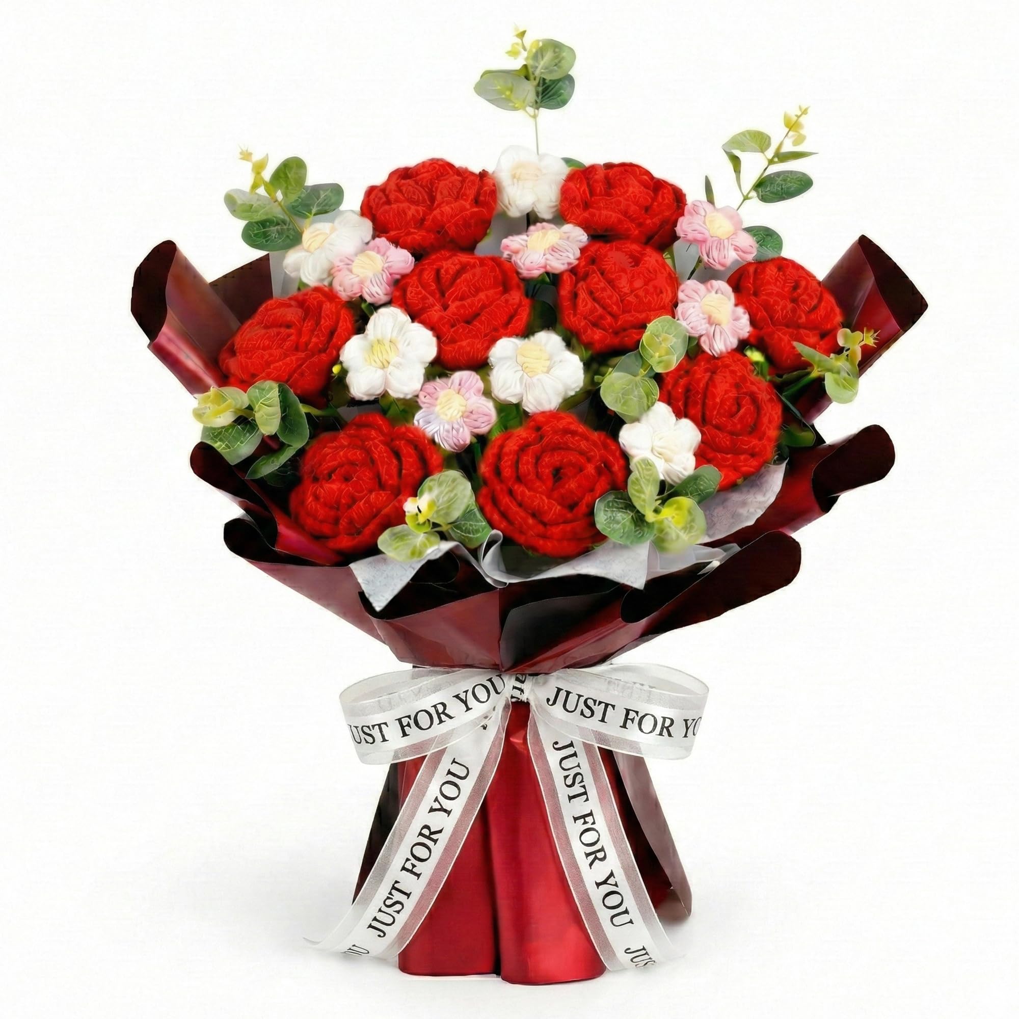 Print Maniacs Women's Red Handmade Crochet Rose Bouquet – Knitted Flower Arrangement, Realistic Yarn Roses With Gift Wrap, Romantic Valentine’s Day, For Mum, Anniversary, Wedding, Birthday, Home Décor