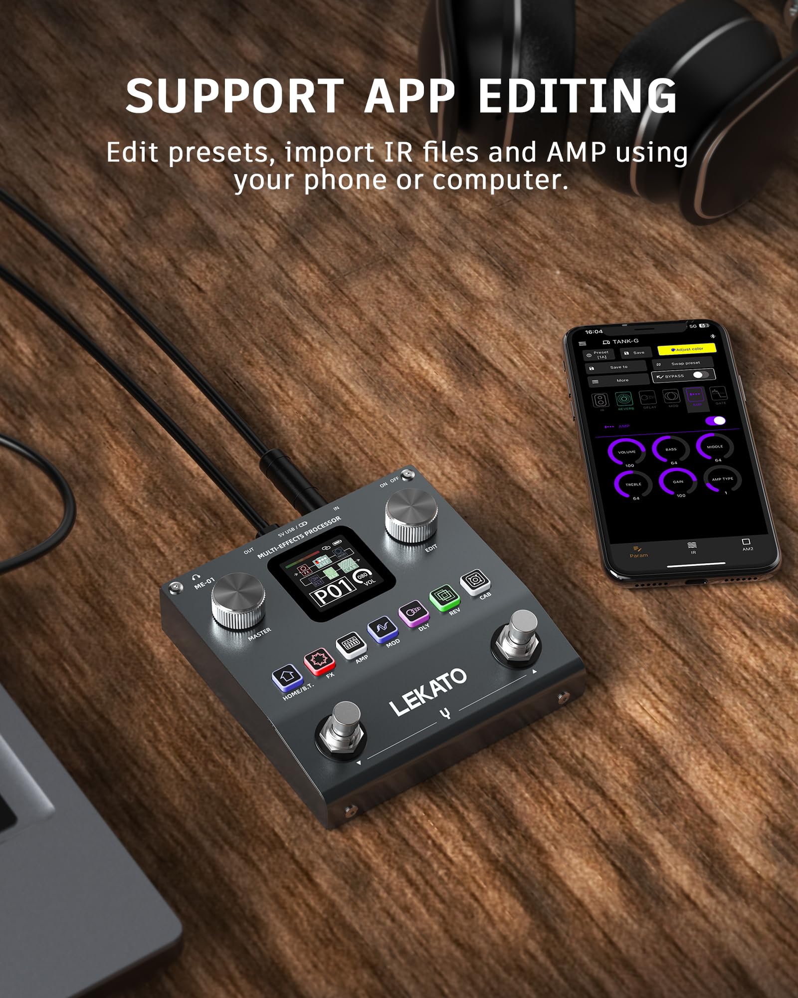 LEKATO Pedale Multi-Effetti per Chitarra, Processore di Effetti per Basso Ricaricabile con 6 Moduli Effetti, 80 Preset Editabili, Modifica APP, Caricamento IR, Registrazione OTG, Funzione BT