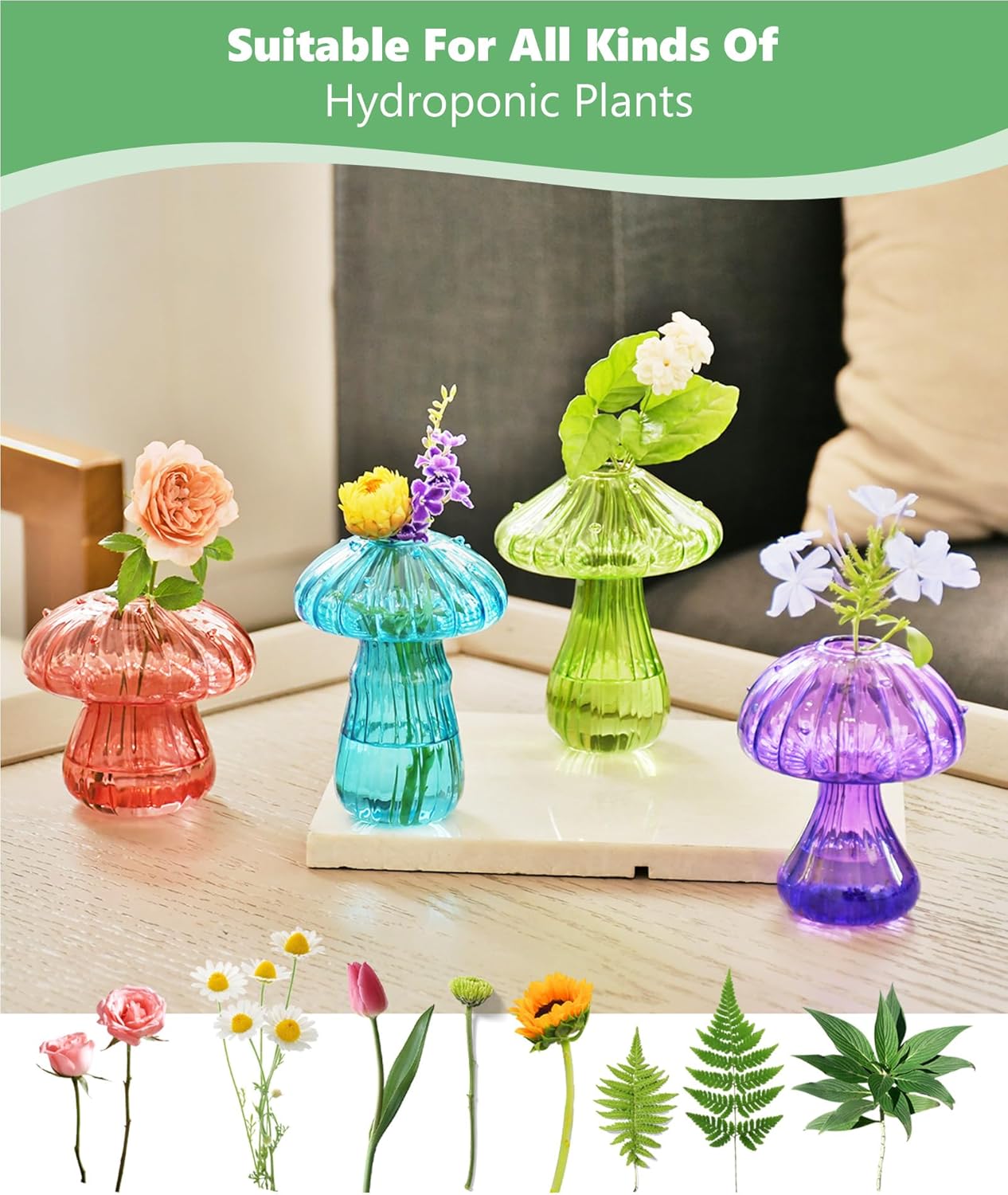 Nacome Mushroom Glass Propagation Station for Plants: Set of 4 Colored Vases Terrarium Kit for Home Office Indoor Hydroponics Decor - Birthday Gifts for Women Mom Grandma