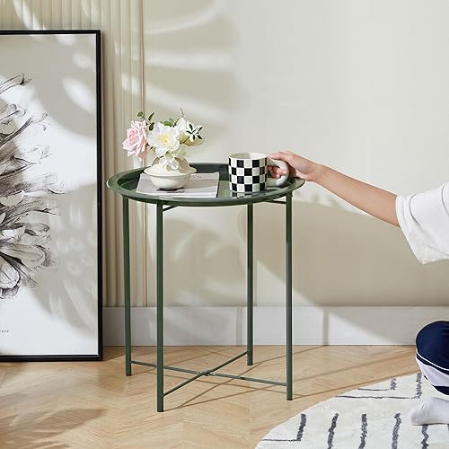 Vista 34 de VECELO Mesa auxiliar/auxiliar, plegable, redonda, de metal, antioxidante, impermeable, para exteriores o interiores, bandeja para sala de estar