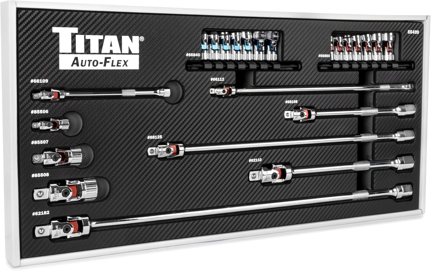 Titan 85499 23-Piece Auto-Flex Universal Joint, Socket, and Extension Set, Engineered to Spring Back to Center