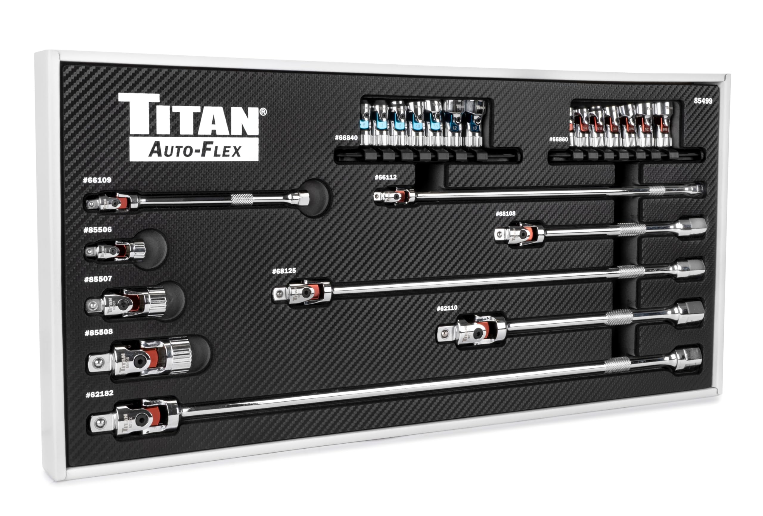 Titan 85499 23-Piece Auto-Flex Universal Joint, Socket, and Extension Set, Engineered to Spring Back to Center