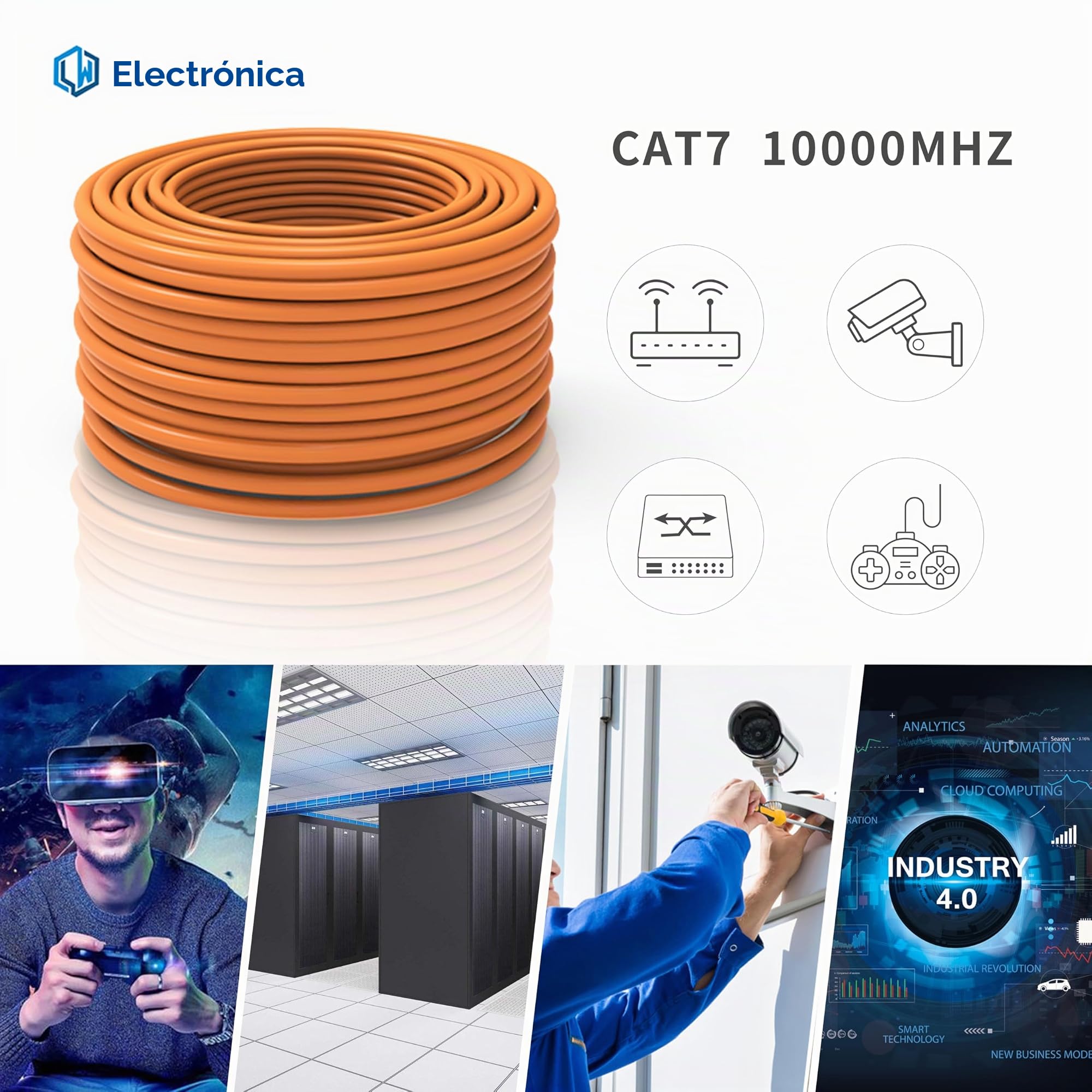 Cable de Instalación de Alta Calidad Cat7 50m Gigabit Libre de Halógenos POE BauPVO Blindaje Cable de Red S/FTP PIMF 1000 MHz 4x2xAWG23 LSZH Cableado Cable LAN Cable de Datos Naranja