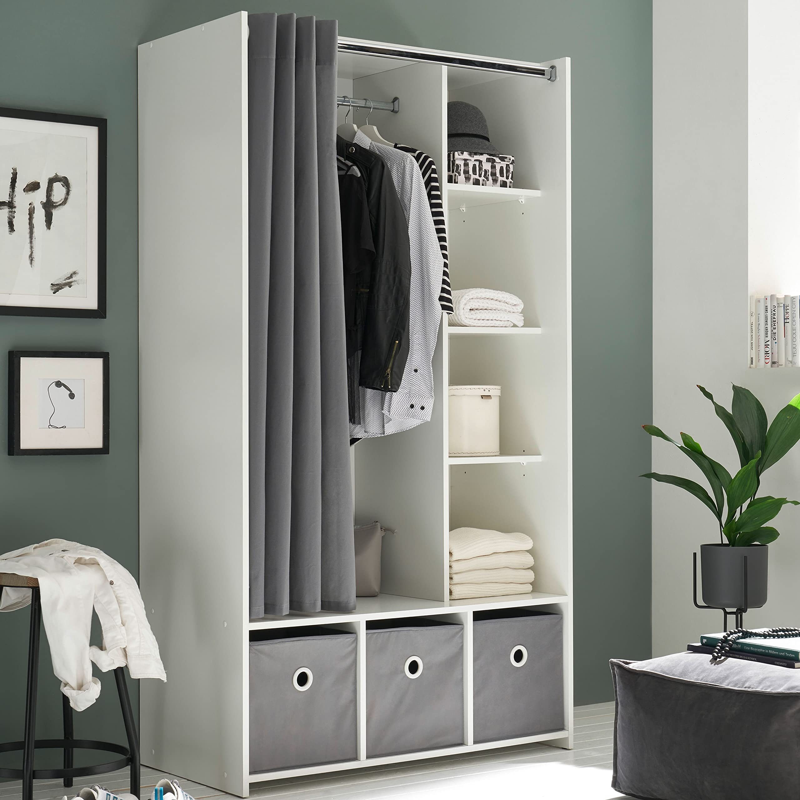 Stella Trading JENKE, Armadio appendiabiti, bianco con 3 scatole portaoggetti e tenda in tessuto, versatile armadio multiuso con utile divisione interna degli spazi, 100 x 180 x 50 cm (L x A x P)