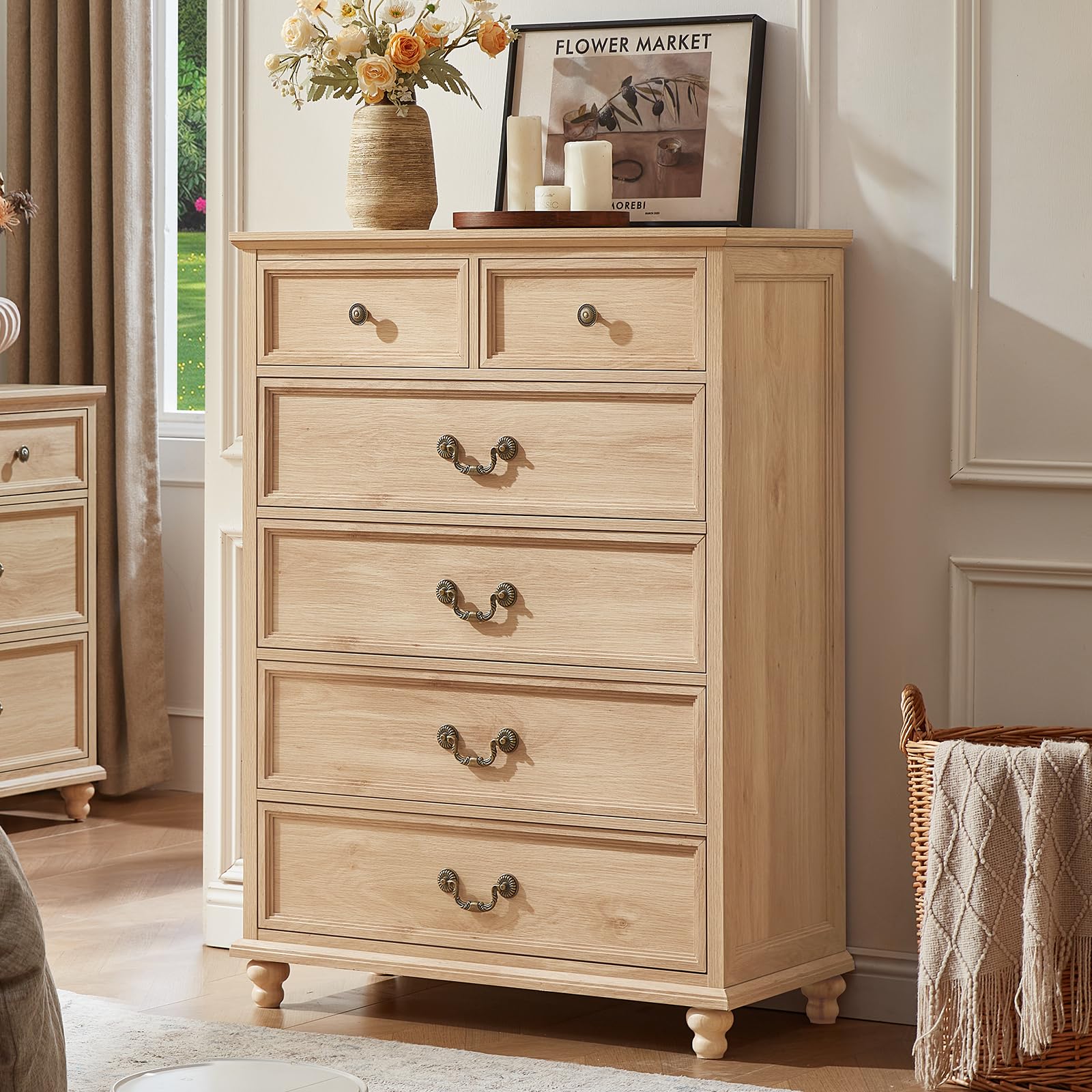 Joaxswe Farmhouse 6 Drawer Dresser for Bedroom, 42" Tall Rustic Chests of Drawers w/ 4 Solid Wood Feet, Mid Century Modern Wooden Closet Storage Dressers Organizer for Living Room, Hallway,Natural