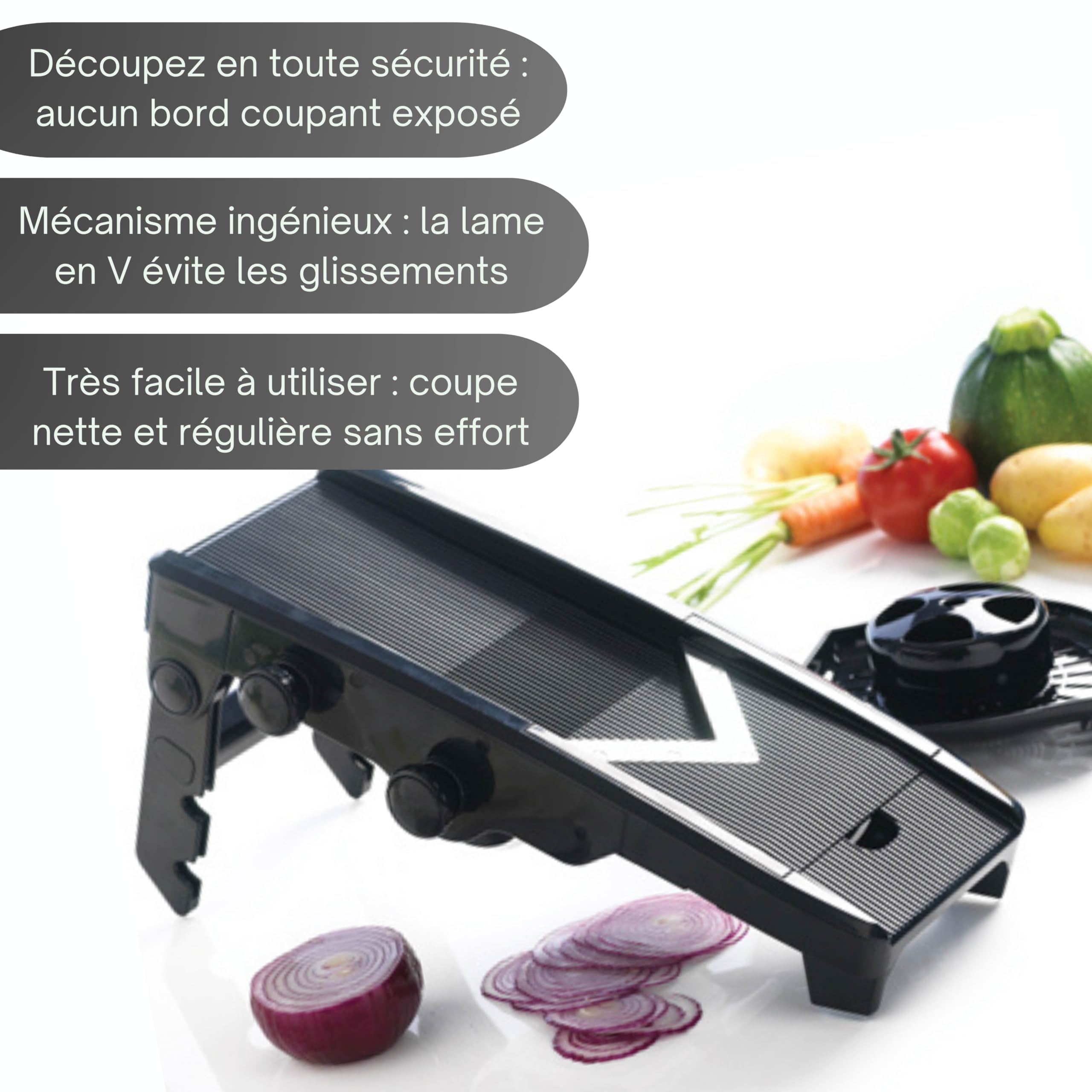 Mastrad - Mandoline Multi-Lames en V – Coupe-Légumes 6 Lames Inox – Épaisseur Réglable 1 à 9 mm – Trancheur, Râpe, Coupe Frites – Garde de Sécurité