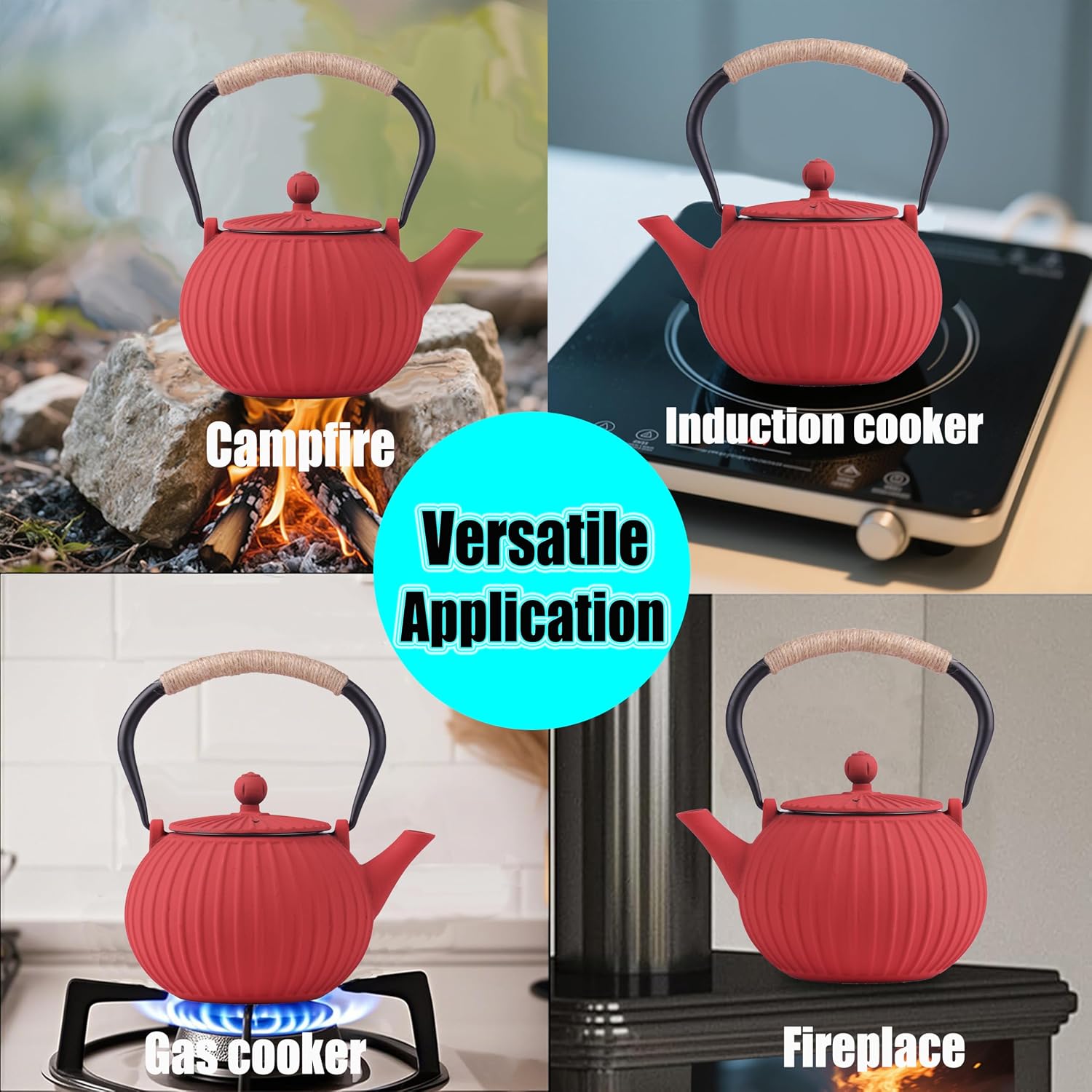 KalraMay Cast Iron Teapot 40oz Infuser, Red Stripe Enamel Lining