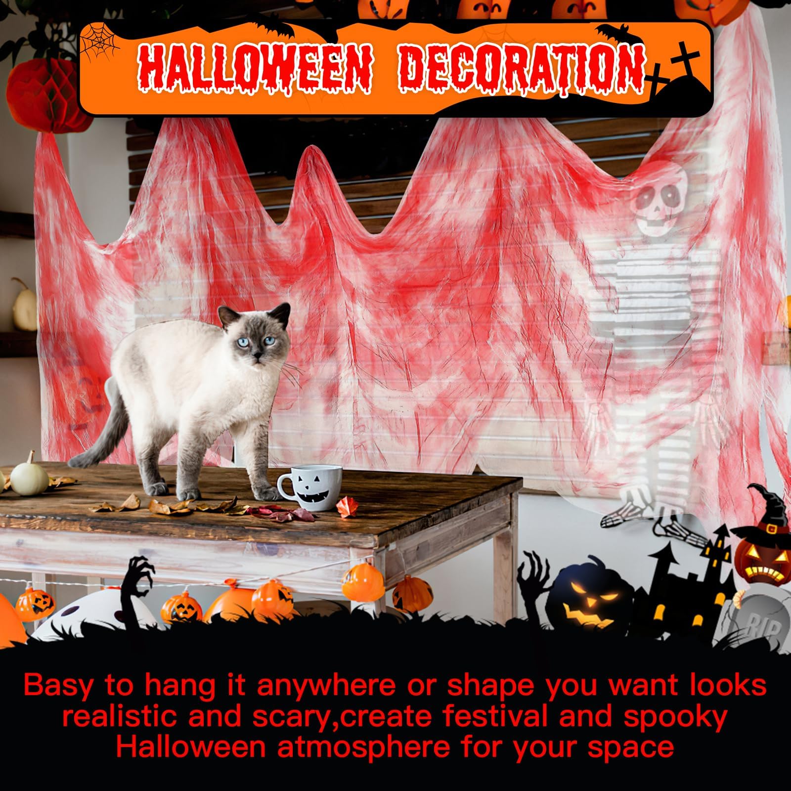 Tissu Sang Effrayant Halloween 215 X 500 Cm - Gaze Noire Gothique Pour Décorations Maison Hantée