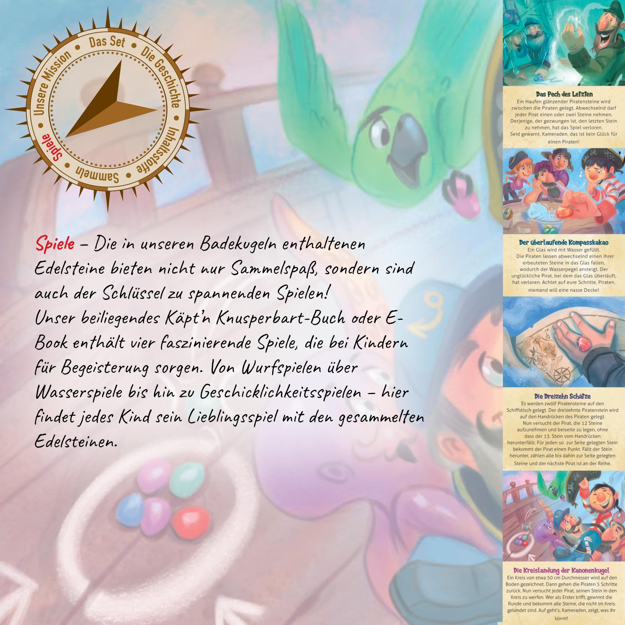 Käpt'n Knusperbart 4 bombas de baño con piedras preciosas sorpresa + cofre del tesoro + libro + pegatinas, sin plástico con ingredientes naturales, sin parafinas, aceite de palma, siliconas, SLS, PEG