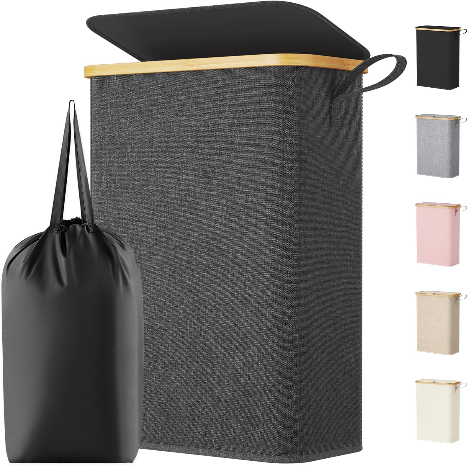 Lifewit 50L Slim Laundry Basket with Lid, Narrow Laundry Bin with Removable Bag & Bamboo Handles, Foldable Thin Dirty Clothes Hamper for Laundry, Bathroom, Bedroom, Dorm (Dark Grey)