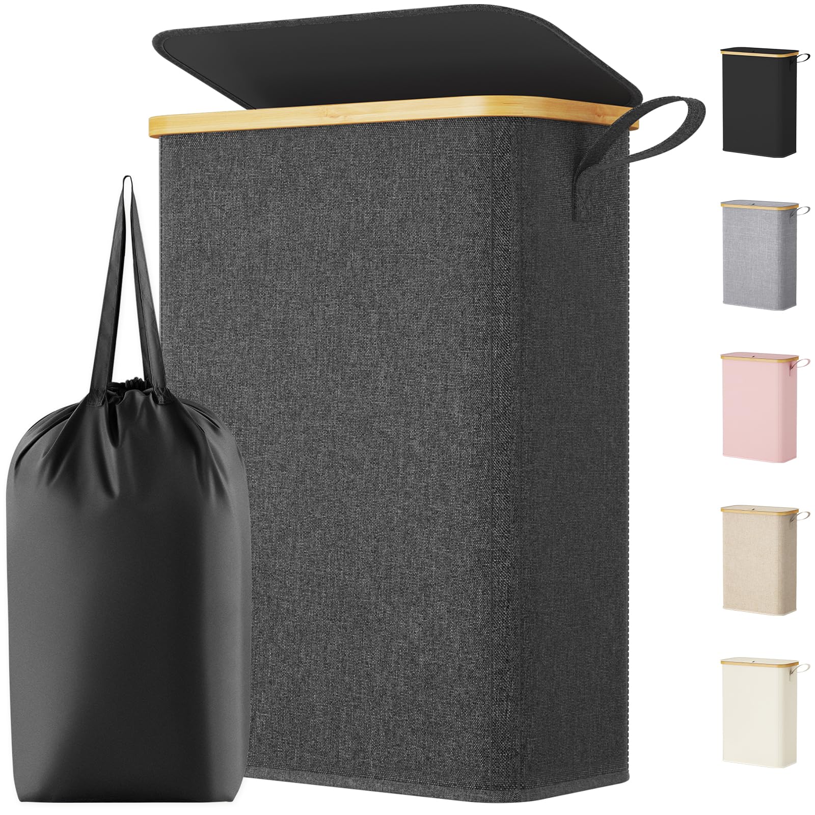 Lifewit 50L Slim Laundry Basket with Lid, Narrow Laundry Bin with Removable Bag & Bamboo Handles, Foldable Thin Dirty Clothes Hamper for Laundry, Bathroom, Bedroom, Dorm (Dark Grey)
