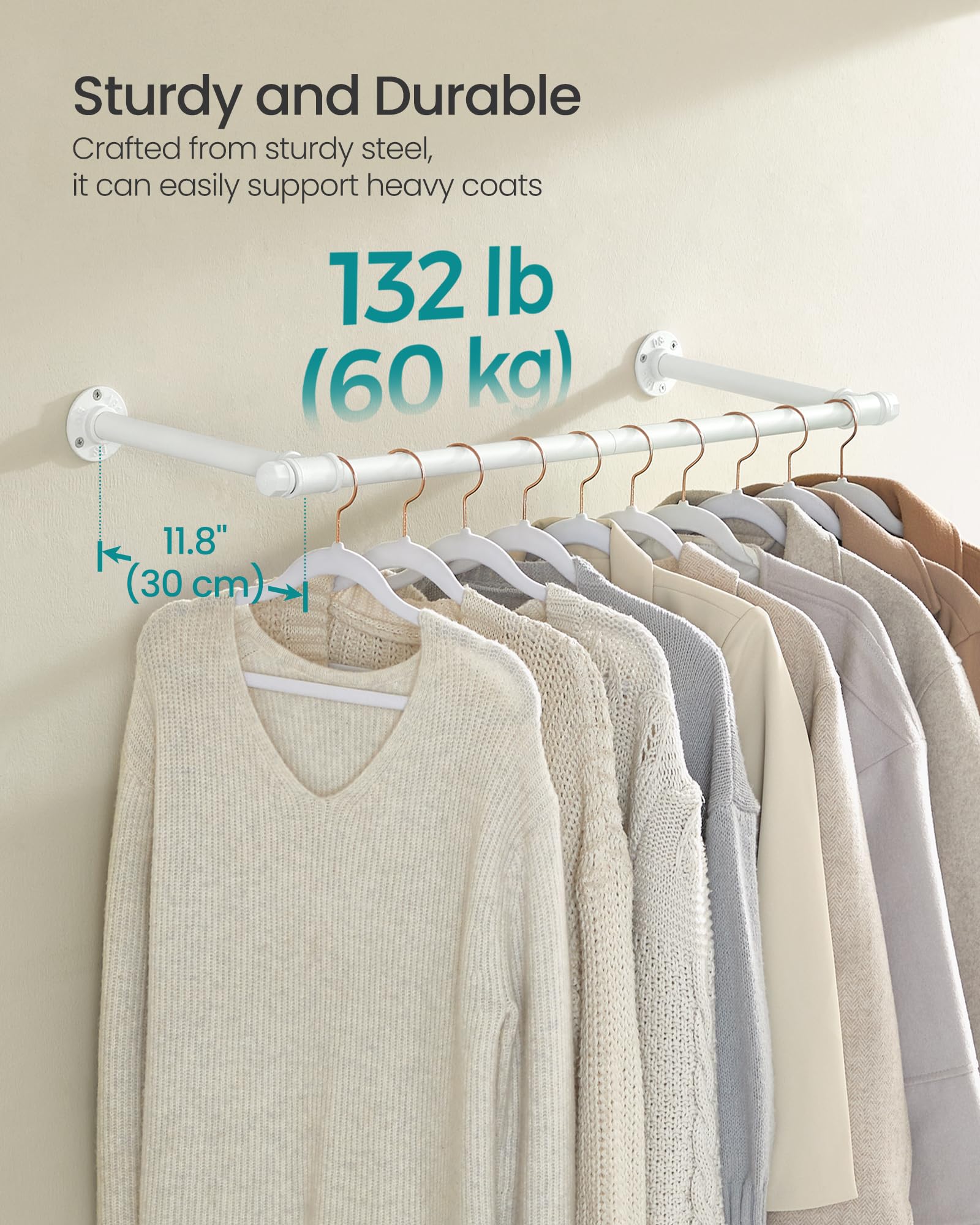 SONGMICS Set of 2 Wall-Mounted Clothes Rail, Wall Clothes Rail, Industrial Pipe Clothes Rack, Space-Saving, 30 x 84 x 7 cm - Image 3