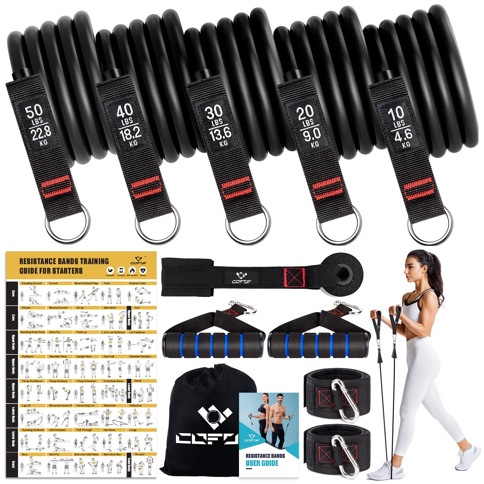 Bandas de resistencia con asas para mujer, bandas de ejercicio de 5 niveles (10-100 libras) para terapia física, yoga, pilates, anclaje de puerta, bolsa de almacenamiento (negro)
