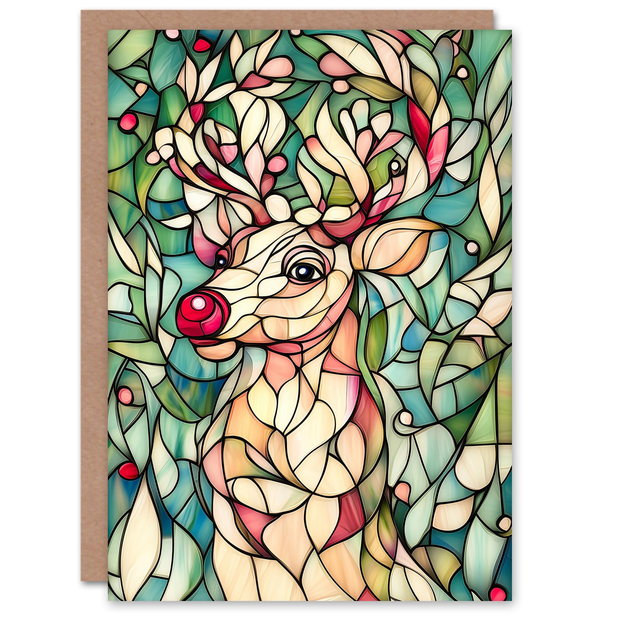 Artery8 Rudolph Red Nose Reindeer Stained Glass For Her Woman Xmas Festive Christmas Card