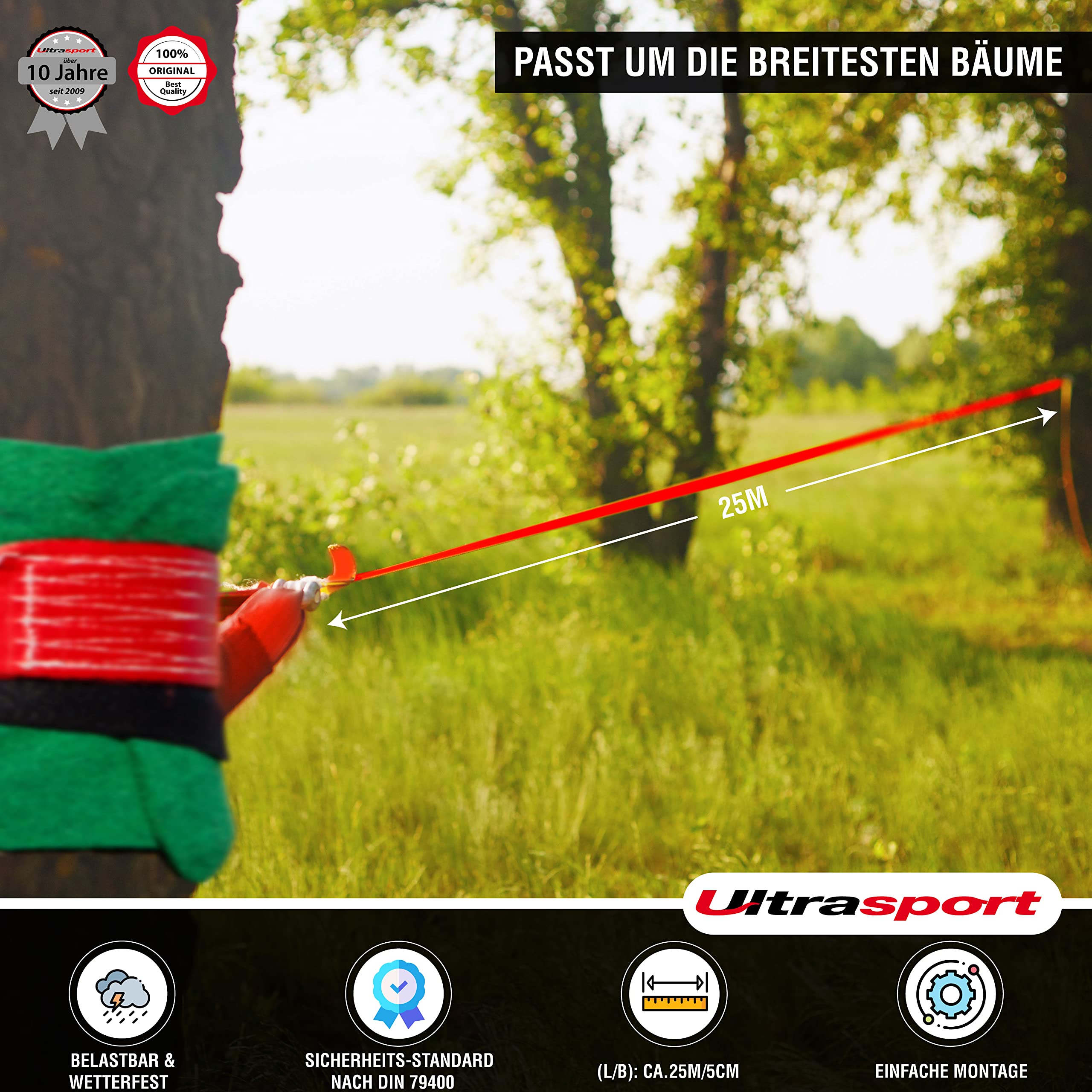 Ultrasport Slackline 15m-25m, mit Ratsche und Transporttasch, komplette Slackline-Satz, erhältlich mit und ohne Baumschutz, Slackline-Satz, Fitness-Slackline, TÜV GS zertifiziert, Kinder und Erwachse