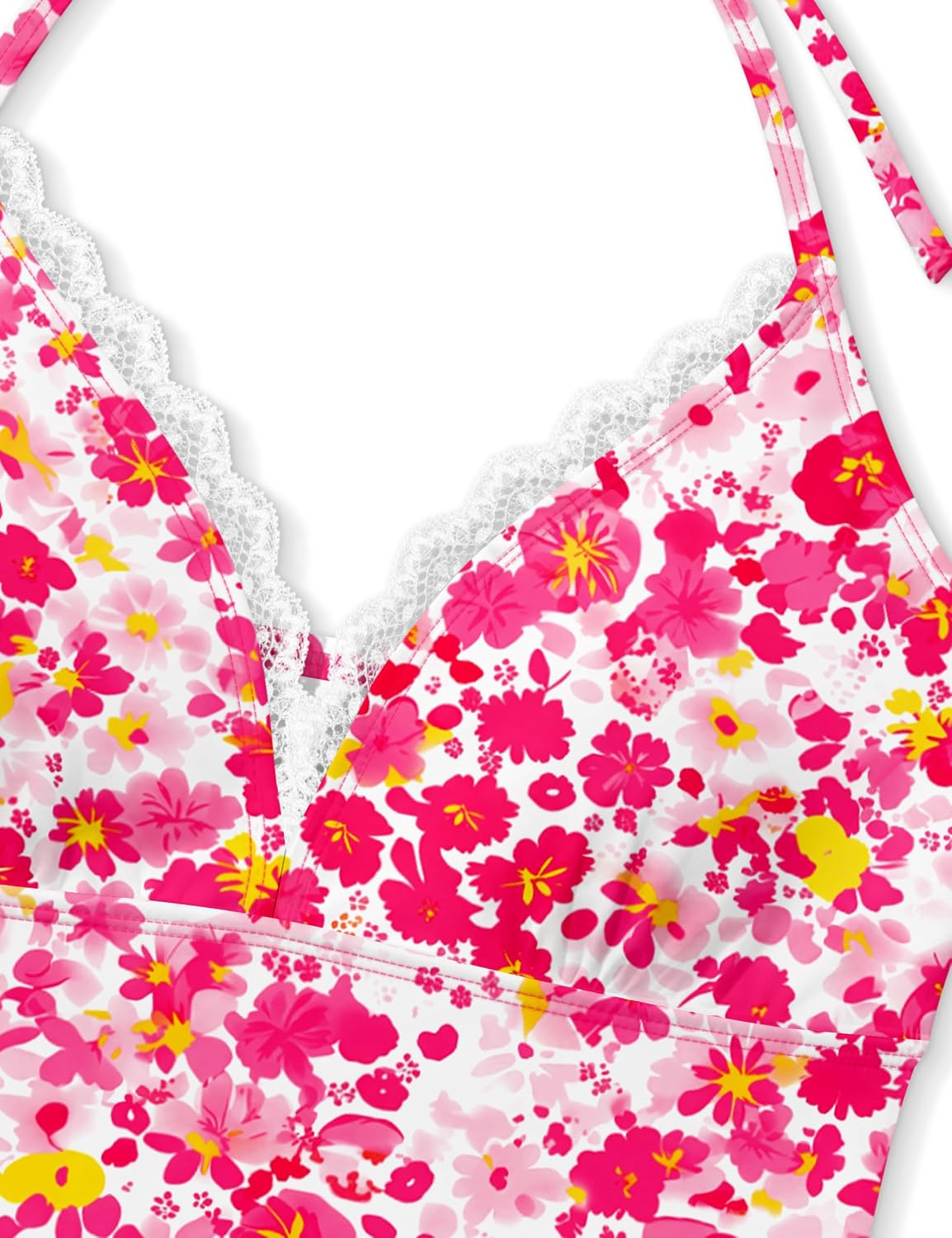 Girls Tankini Swimsuit 2 Piece Halter V Neck Bathing Suit Floral Print Lace Trim Tank Top Drawstring Bottom Swimwear 7-14Y
