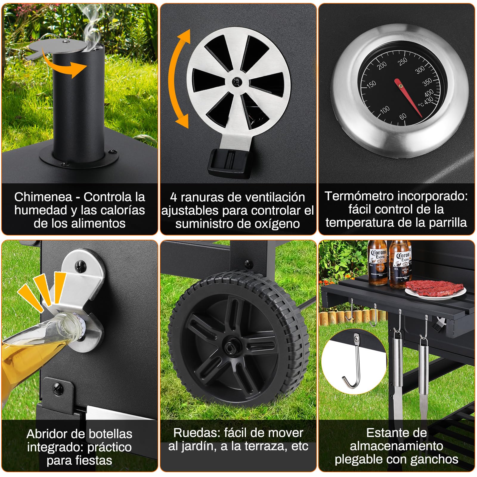 LIFERUN Barbacoa de Carbon XXL, Parrilla de Carbón con Chimenea y Tapa, Parrilla con Carrito BBQ Smoker con Ruedas y Termómetro, Grande BBQ Carbon para Camping y Jardín