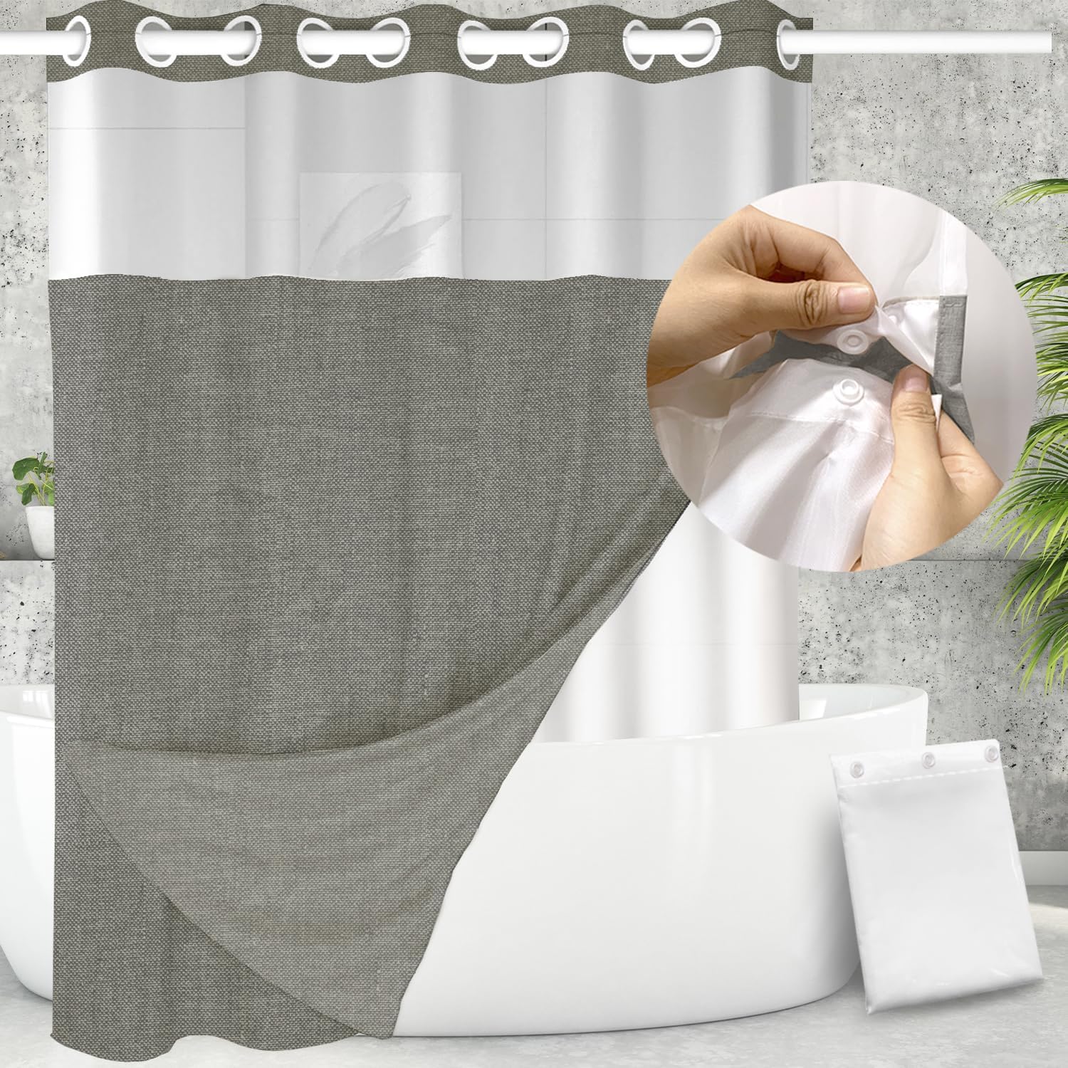 Naturalliving No Hook Fabric Linen Shower Curtain with 2X Snap in Fabric Liners