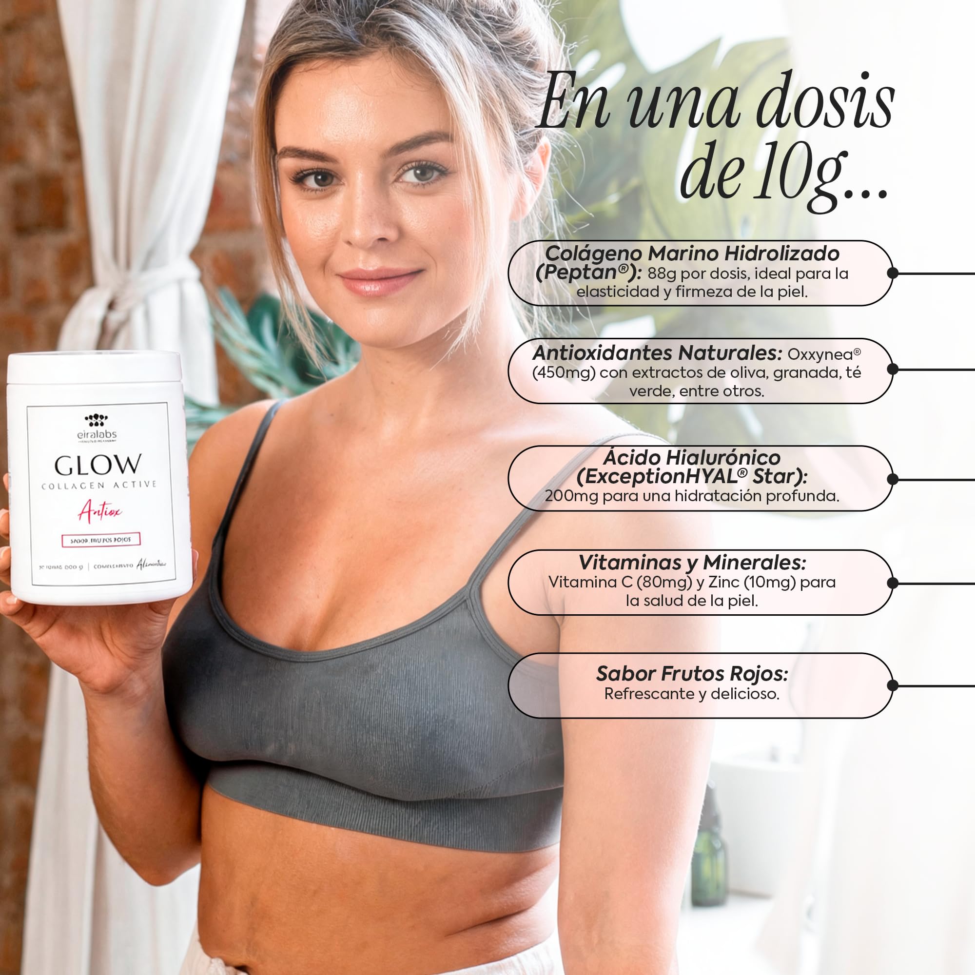 Glow Colágeno Hidrolizado Marino con Ácido Hialurónico, Vitamina C y Zinc, 300 gr de Colágeno en Polvo, Piel más Saludable y Firme, Hidratación De Rápida AbsorciónSabor Frutos Rojos