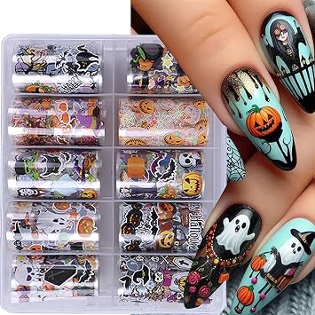 10 Rolls Halloween Nail Transfer Foil Stickers Set Halloween Theme Nail Art Foils Decals Cartoon Design Nail Foil Transfers Pumpkin Bat Ghost Skull Cat Nail Decorations for Women Manicure Supplies