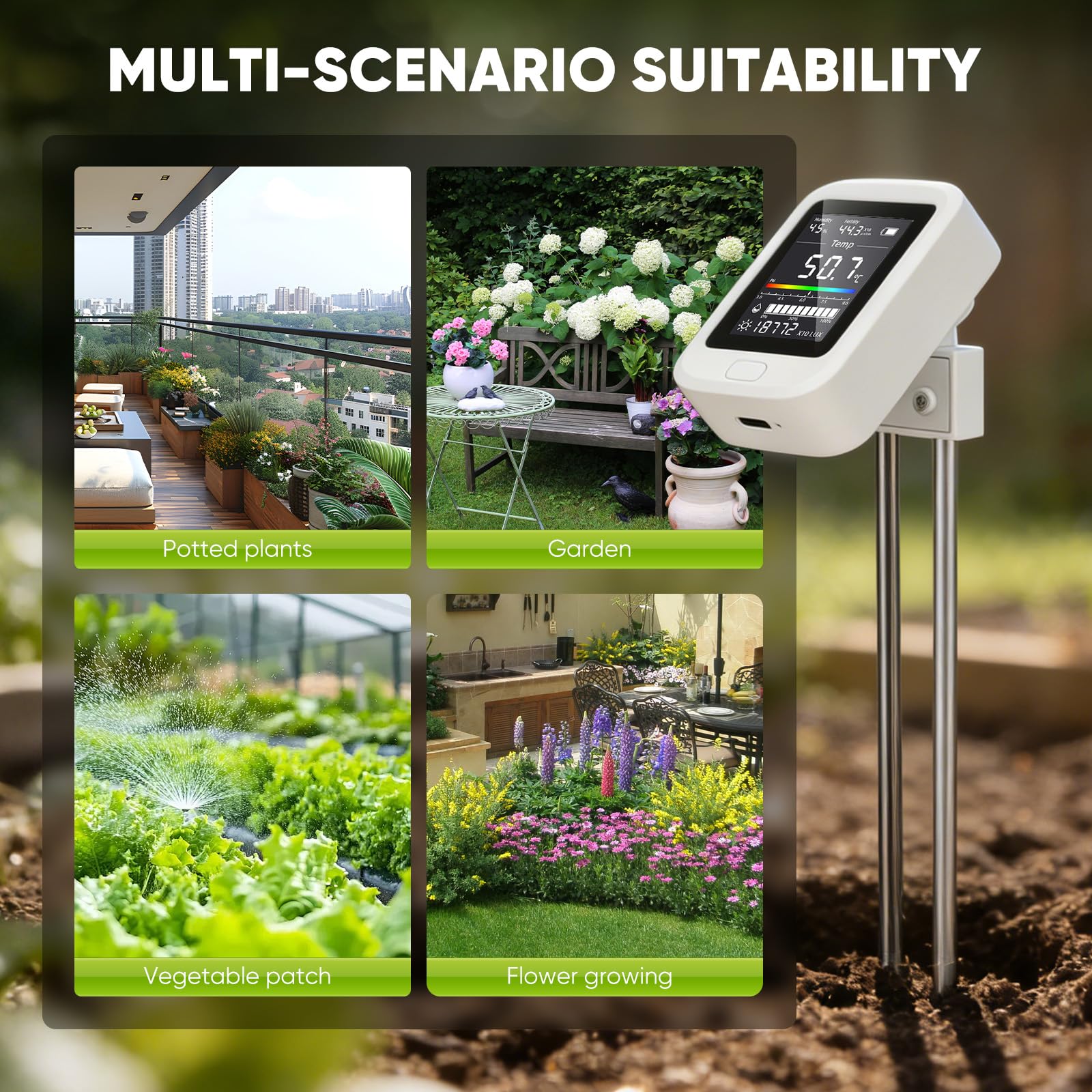 6-en-1 mesureur de sol avec Type-C, mesureur d’humidité pour plantes, capteur d’humidité du sol, mesureur de pH du sol, hygromètre pour plantes et testeur de sol pour pelouse, jardin et plantes en pot