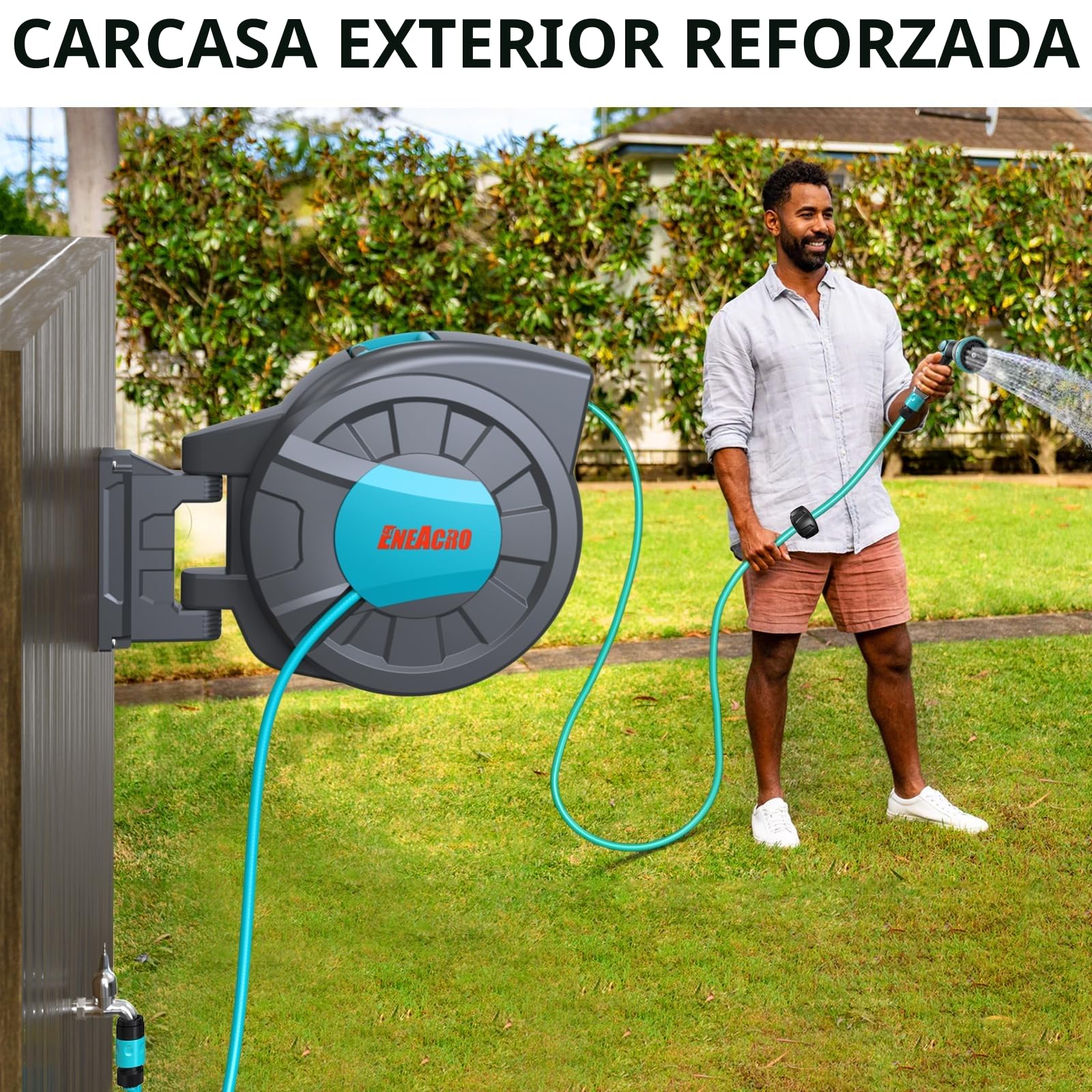 ENEACRO Enrollador Manguera Jardin de 35+2 m | Cartucho de manguera de pared con pistola pulverizadora de 10 funciones y función de enrollado automático, Garden Hose Reel