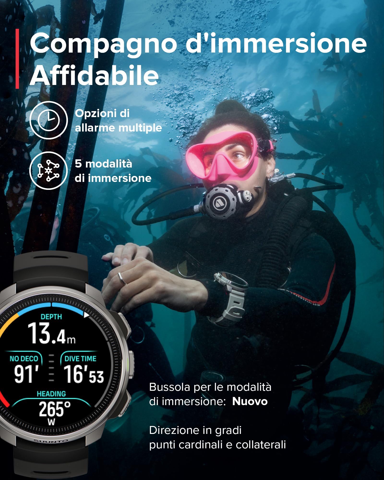 SUUNTO OCEAN Orologio Subacqueo e Sportivo Uomo, Schermo AMOLED, 10ATM/7 Bar, Dualband GNSS Mappa Offline, GPS Activity Tracker, 95+ Sports, Cardiofrequenzimetro, Autonomia 60H in Modalità Immersione