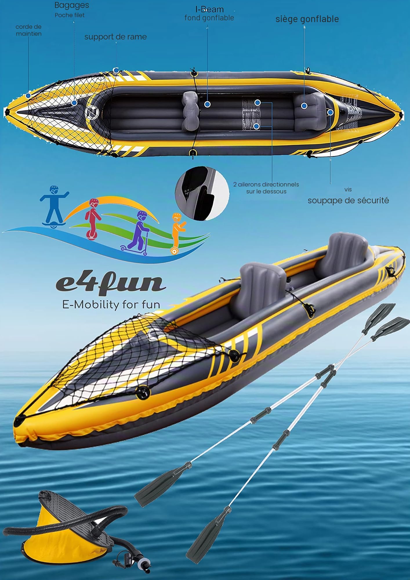 Kayak gonflable pour 2 personnes 350 x 78 x 52 cm