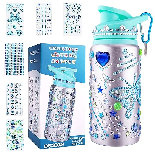 Gift for Girls, Decorate Your Own Water Bottles with Gem Art Stickers, Stickers for Water Bottles, Art Kits for Kids 9-12 Girls, Girls Toys Age 8-10 Years Old, Birthday Gift for 10 Year Old Girl, Blue