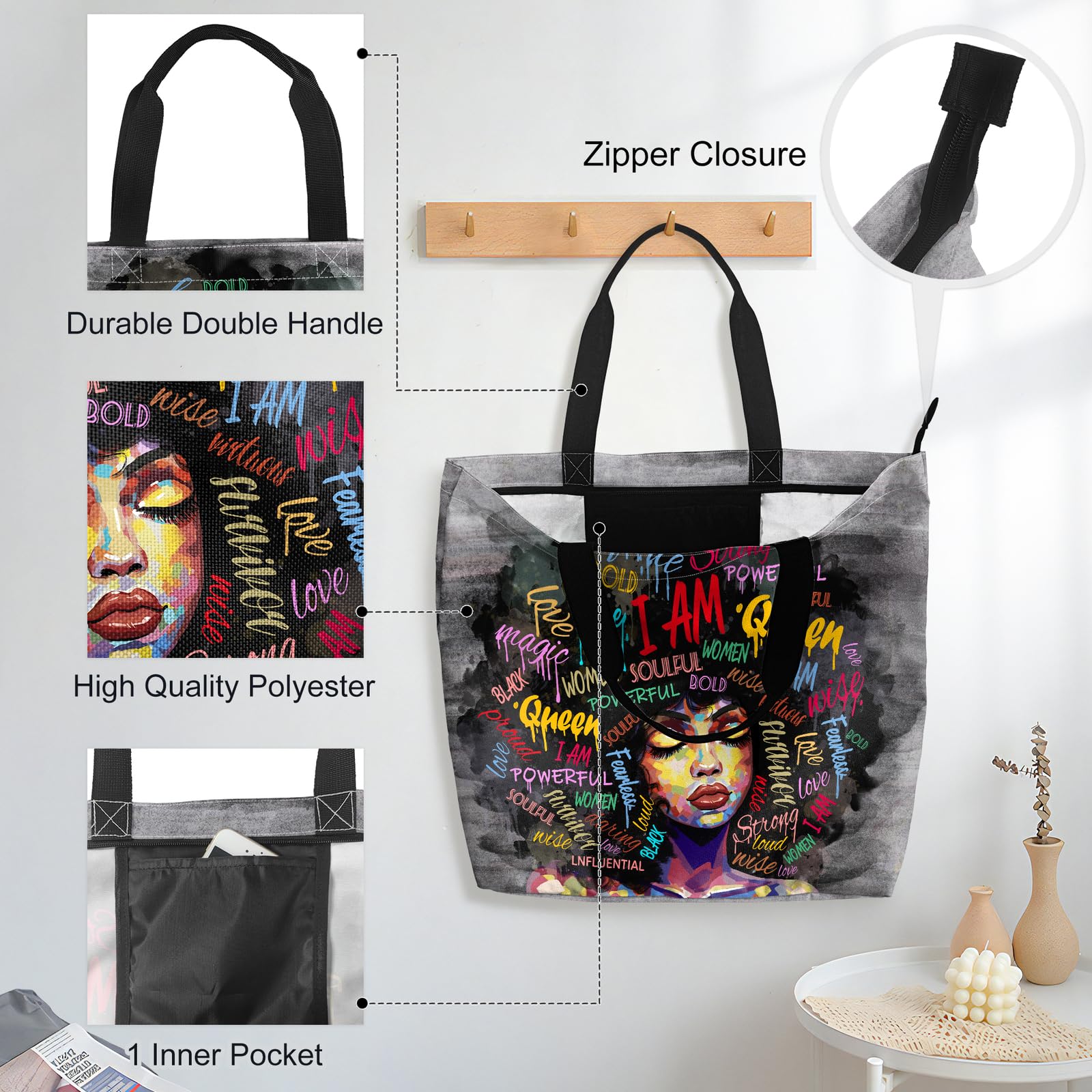 Bolso de hombro negro de las mujeres afroamericanas del bolso de mano para las mujeres Fit Work Beach Labtops con cremallera, Negro Mujer 5 4