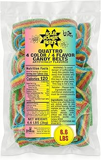 Quattro Rainbow Candy Belts, 6.6 lb Bulk Bag, Vegan Four Flavor Sour Candy Since 1985, Soft Chewy Sweet Tart, Non-GMO Gelatin Free