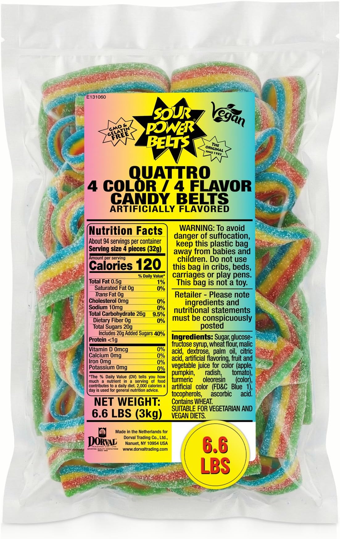 Sour Power Quattro Rainbow Candy Belts, 6.6 lb Bulk Bag, Vegan Four Flavor Sour Candy Since 1985, Soft Chewy Sweet Tart, Non-GMO Gelatin Free