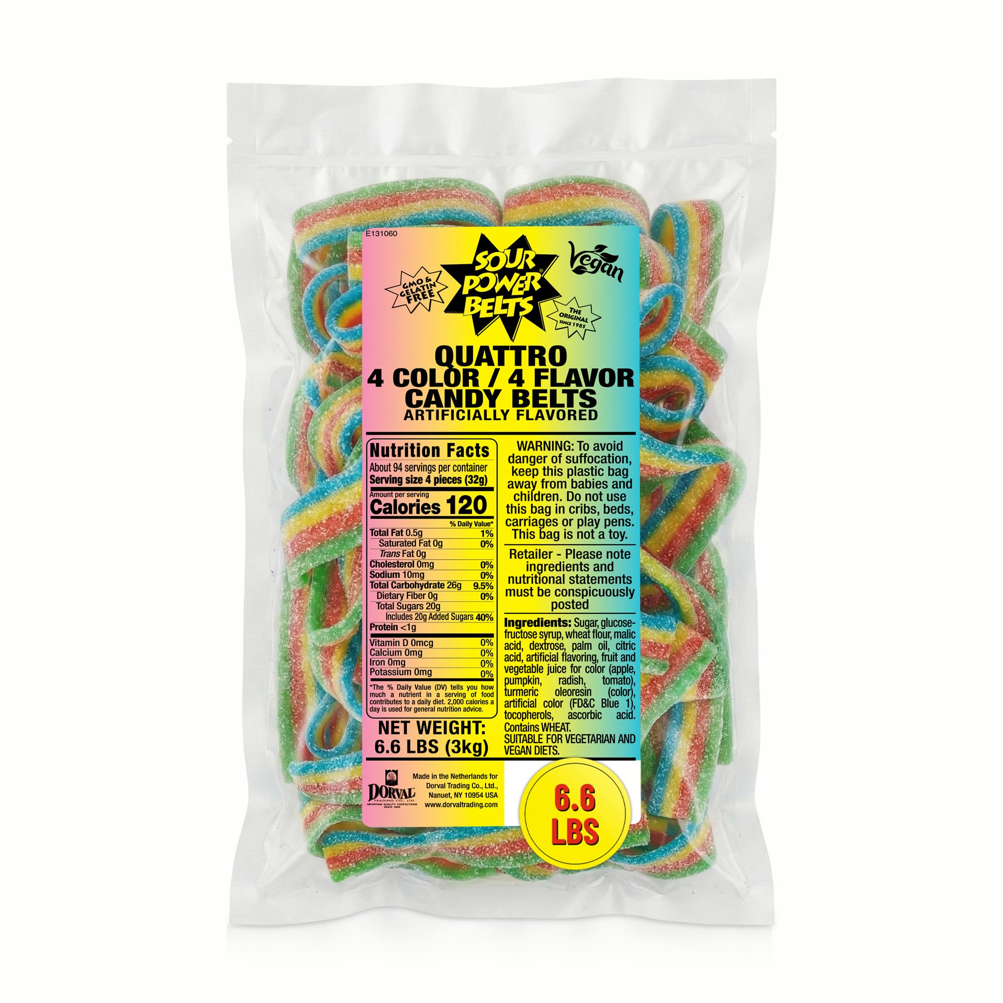 Quattro Rainbow Candy Belts, 6.6 lb Bulk Bag, Vegan Four Flavor Sour Candy Since 1985, Soft Chewy Sweet Tart, Non-GMO Gelatin Free