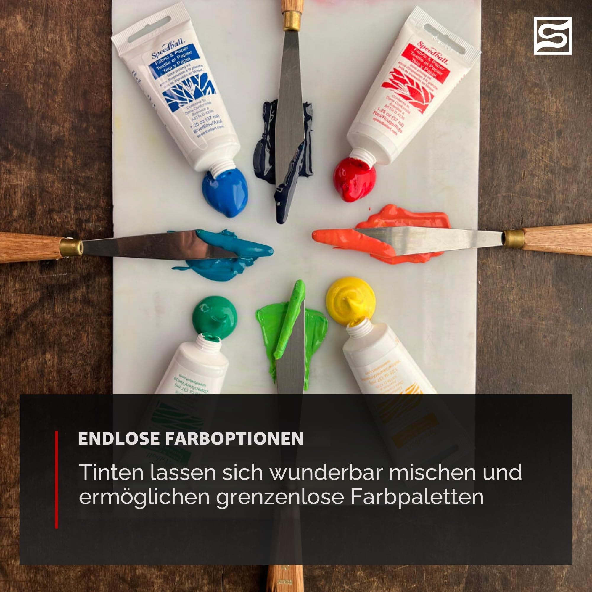 Speedball Stoff- und Papierblockdruckfarben-Set, 6 x 37 cc, 35,4 g Tuben, blau, gelb, grün, weiß, schwarz, Stoffblockdruckfarbe, Blickdicht, Stoffdruckfarbe, kein Hitzeset, berührungstrocken