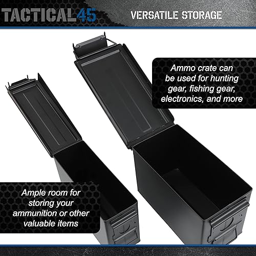 Miniatura 5 de Tactical45 Juego de cajas de munición de metal, 30 y 50 contenedores de almacenamiento de munición color negro Cal con tapa abatible para militares