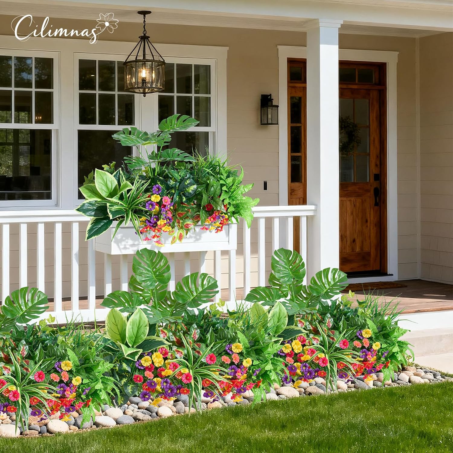 Artificial Plants Outdoor,18PCS UV Resistant Fake Greenery&Flowers with Stems Faux Plant Outside for Front Proch Garden Patio Planters Window Boxes Home Decor(Not Included Planter)