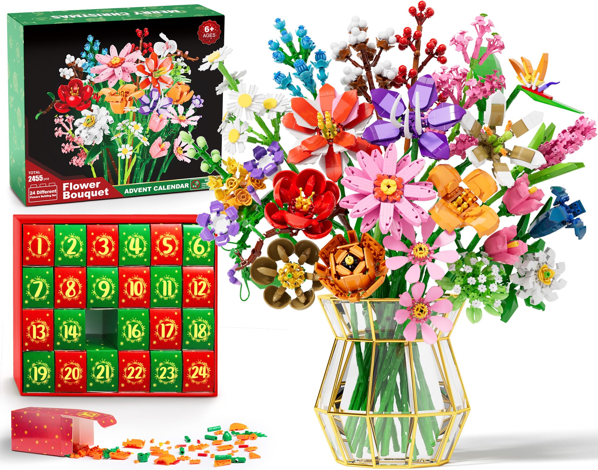 Partylamb Flower Advent Calendar 2026, 24 Day Countdown Building Blocks Set | 2455 PCS Ar…