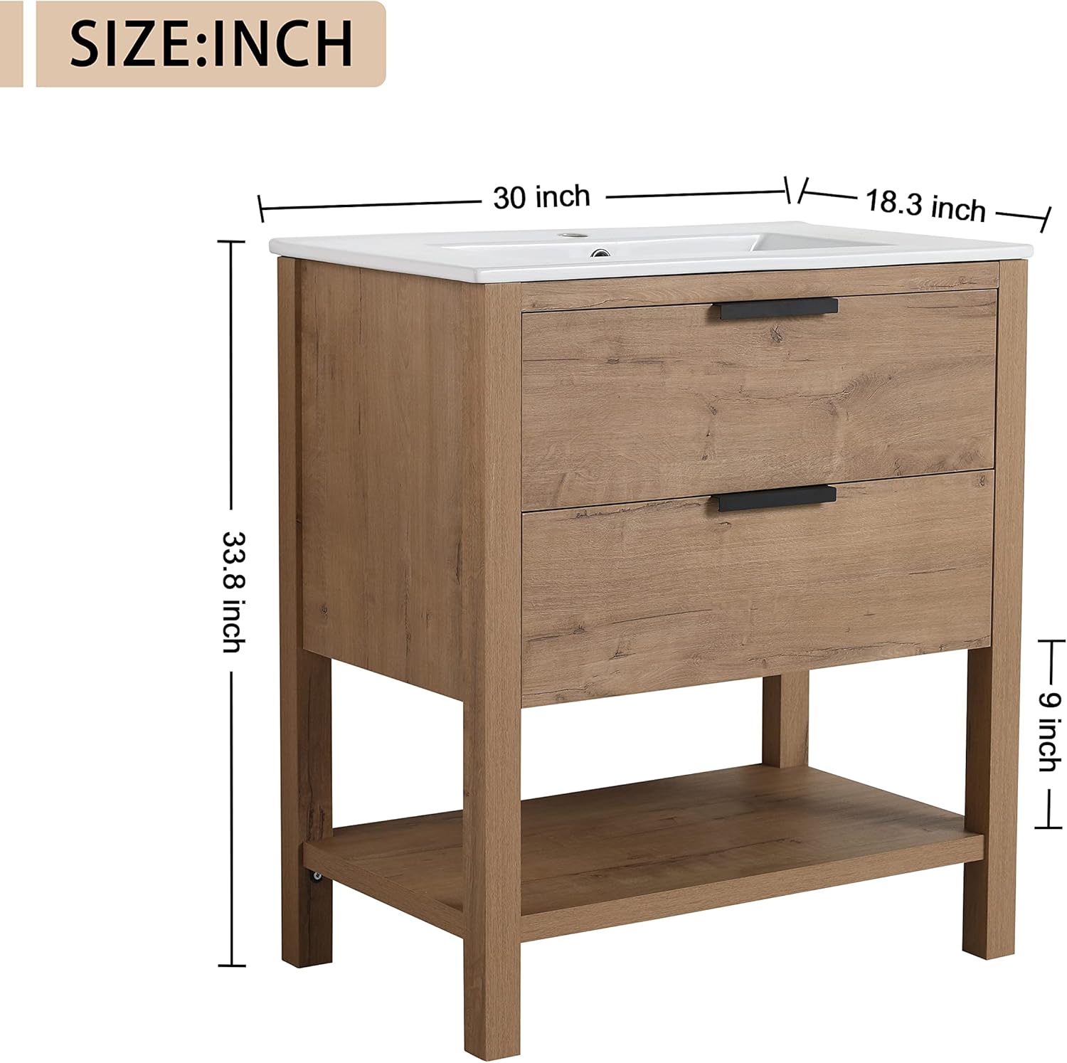 30 Inch Bathroom Vanity with Sink, 30" Freestanding Vanity with Open Shelf for Storage, Plywood Wooden Cabinet with Ceramic Sink, Modern Floor-Standing Cabinet Set, 2 Drawers with Compartments