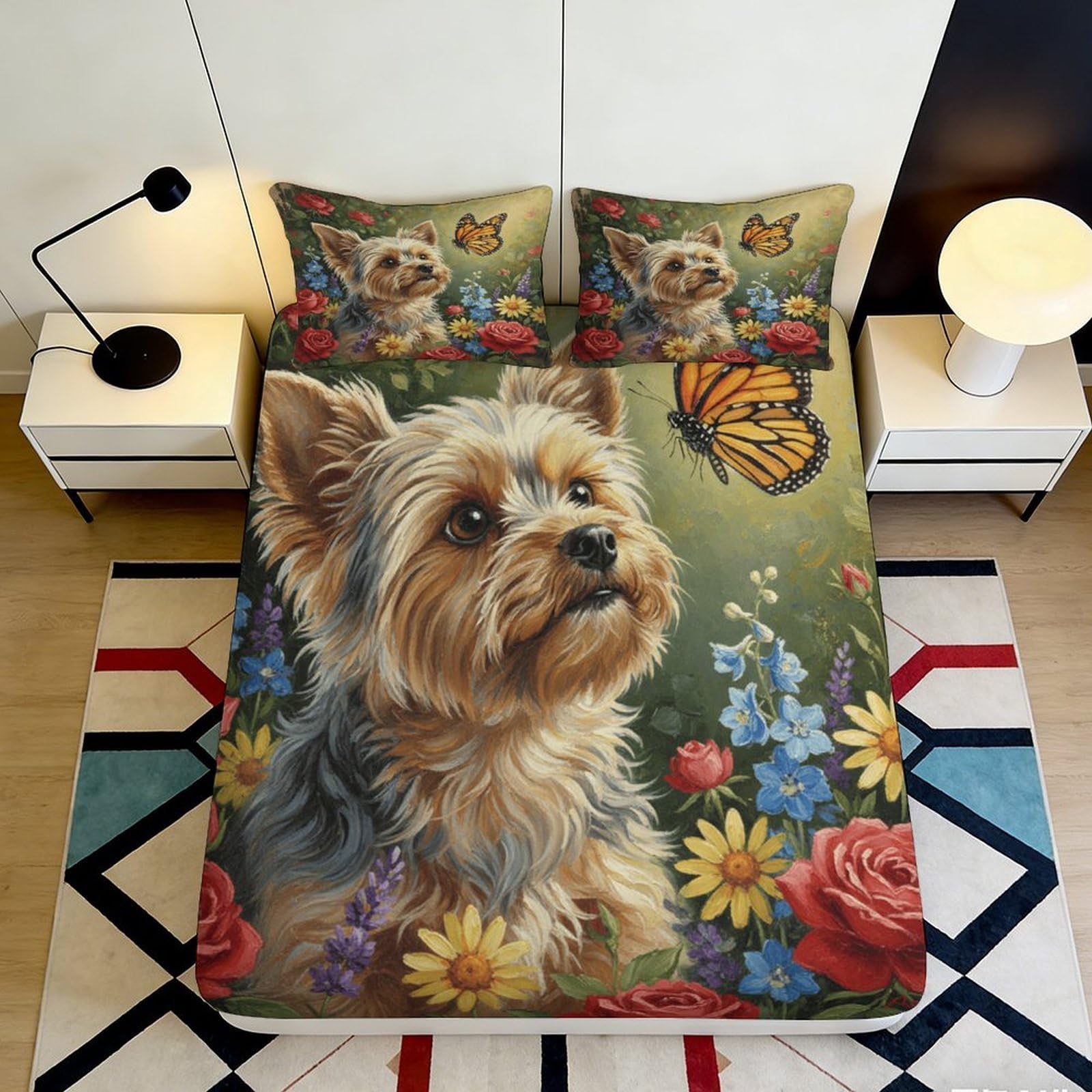 3D Printed Yorkshire Terrier Butterfly Fitted Sheet Microfiber Floral Bed Cover for Bedroom Guest Room Dorm Decor 90x200x25cm