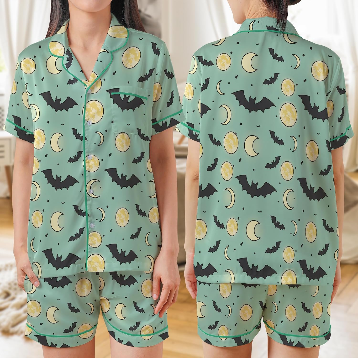 ThuhaTree Store Halloween Bat And Moon Pajamas Set Short & Long, Halloween Theme Pajamas Set Design For Lovers Multi