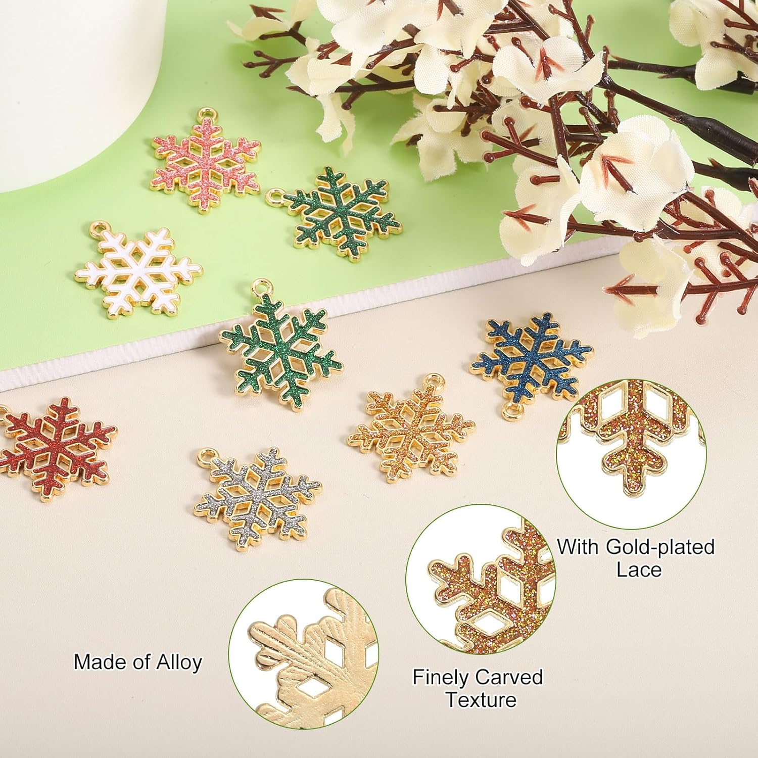 uxcell Snowflake Charm, Alloy Gold Plated Snowflake Pendant for Jewelry Making DIY Bracelet Necklace Earring Phone Accessories Keychain Crafting, - Image 3